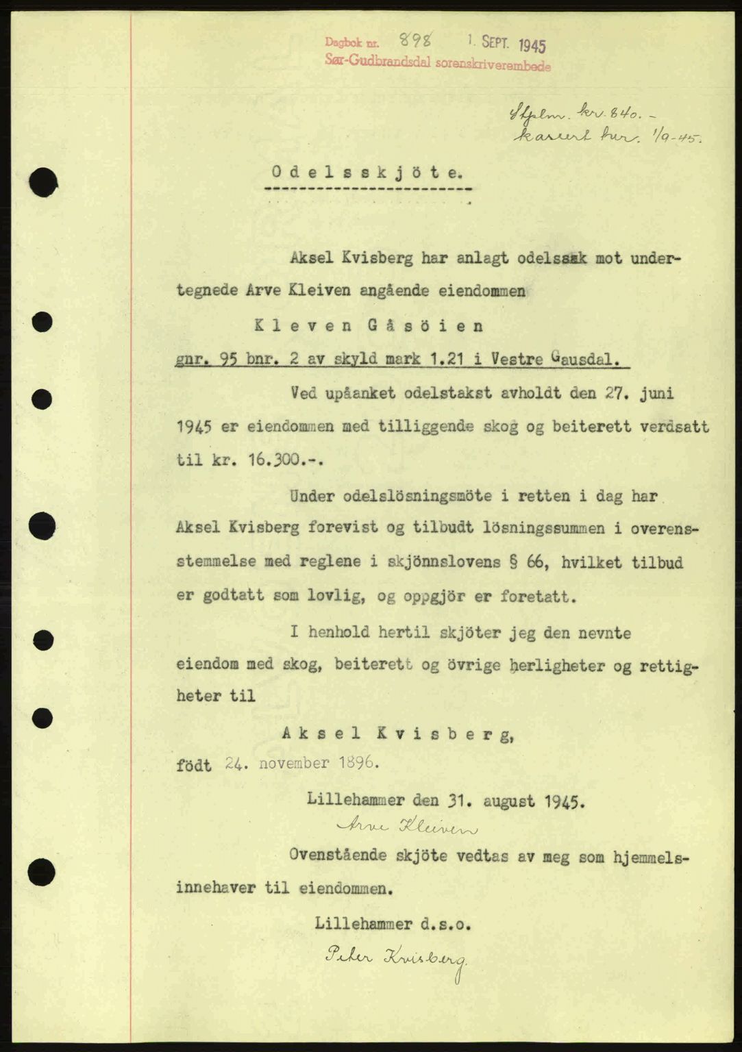 Sør-Gudbrandsdal tingrett, SAH/TING-004/H/Hb/Hbd/L0014: Pantebok nr. A14, 1944-1945, Dagboknr: 898/1945