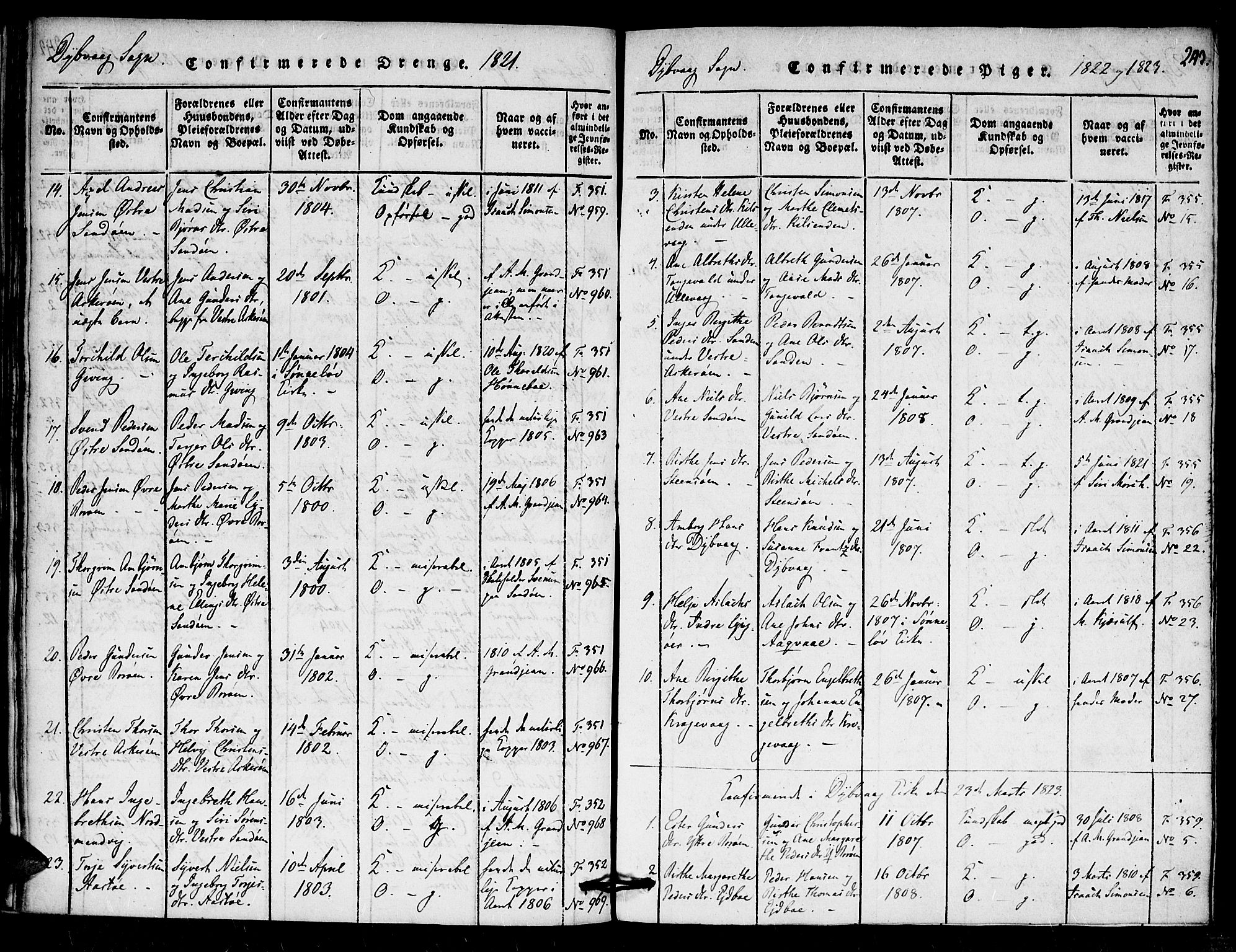 Dypvåg sokneprestkontor, AV/SAK-1111-0007/F/Fa/Faa/L0003: Ministerialbok nr. A 3 /1, 1817-1824, s. 243