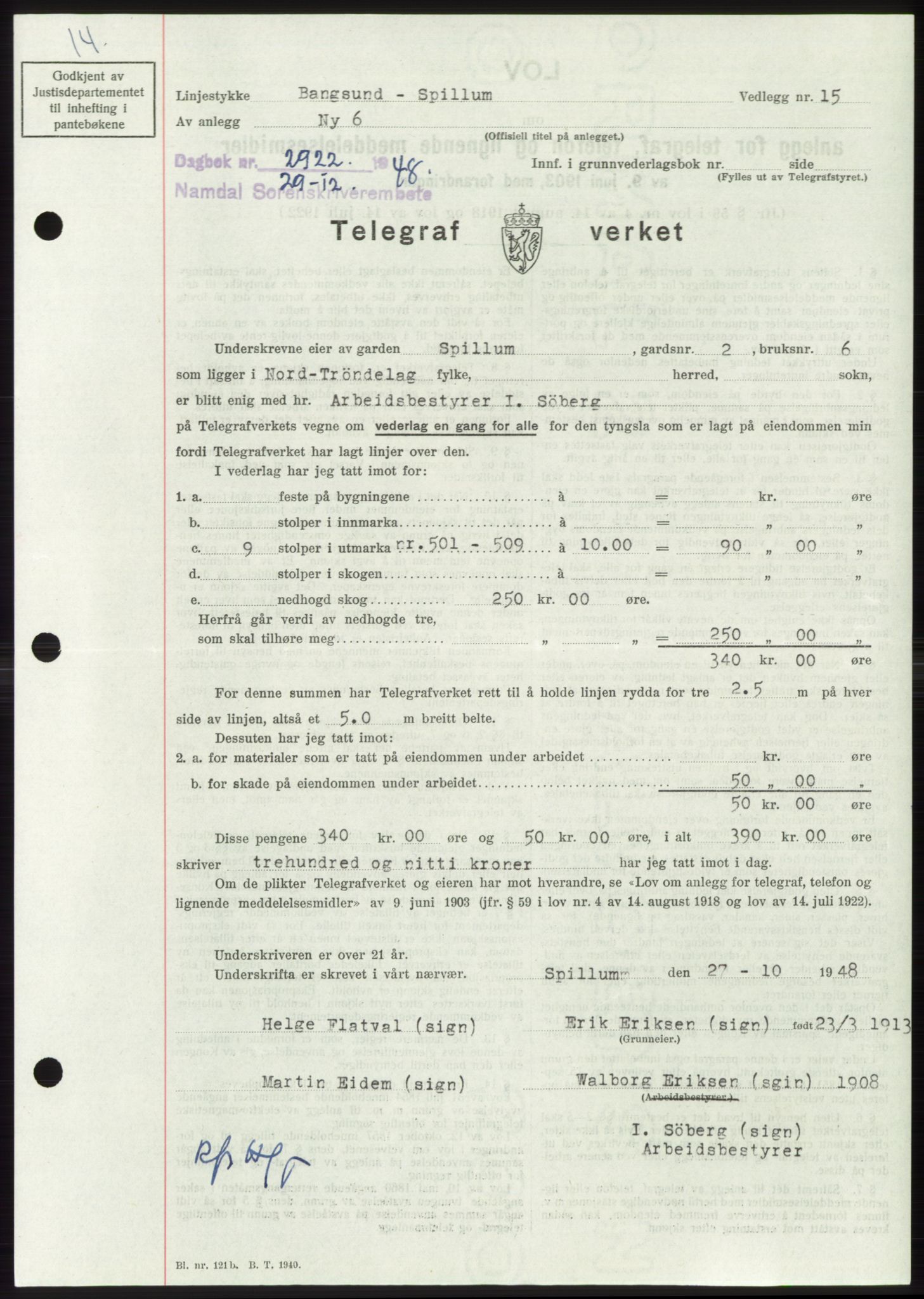 Namdal sorenskriveri, SAT/A-4133/1/2/2C: Pantebok nr. -, 1948-1948, Dagboknr: 2922/1948