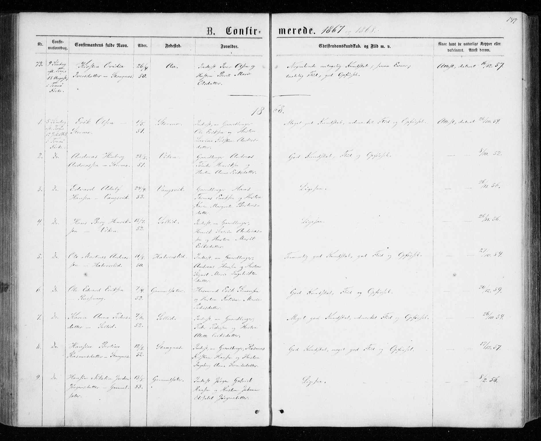 Tranøy sokneprestkontor, AV/SATØ-S-1313/I/Ia/Iaa/L0008kirke: Ministerialbok nr. 8, 1867-1877, s. 147