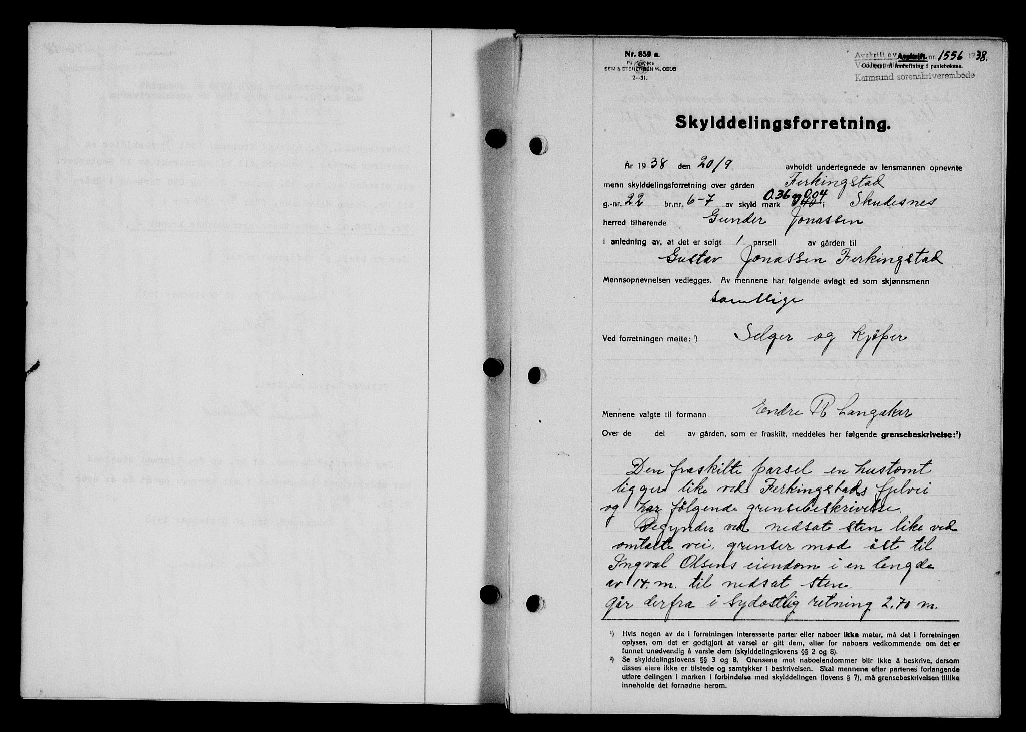 Karmsund sorenskriveri, SAST/A-100311/01/II/IIB/L0070: Pantebok nr. 51A, 1938-1939, Dagboknr: 1556/1938