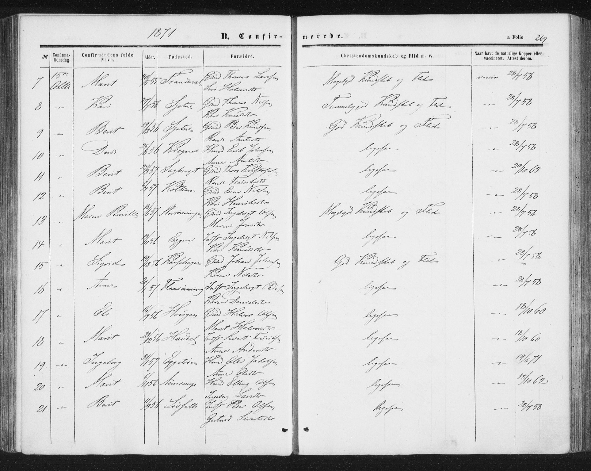 Ministerialprotokoller, klokkerbøker og fødselsregistre - Sør-Trøndelag, SAT/A-1456/691/L1077: Ministerialbok nr. 691A09, 1862-1873, s. 269
