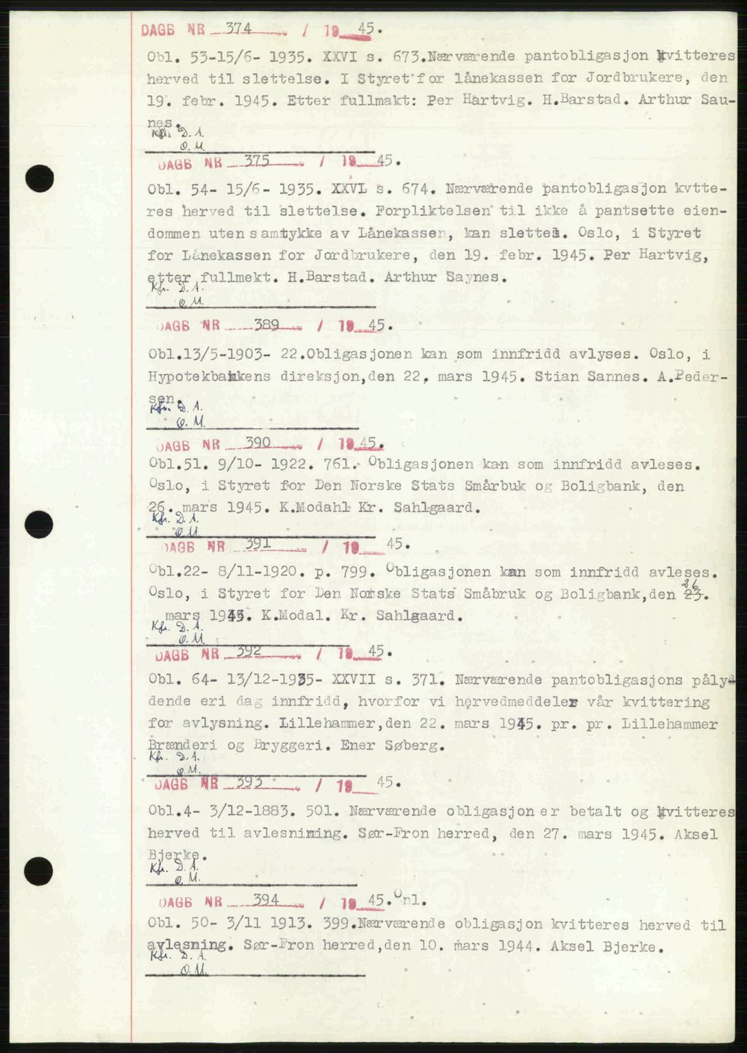 Sør-Gudbrandsdal tingrett, SAH/TING-004/H/Hb/Hbf/L0002: Pantebok nr. C1, 1938-1951, Dagboknr: 374/1945