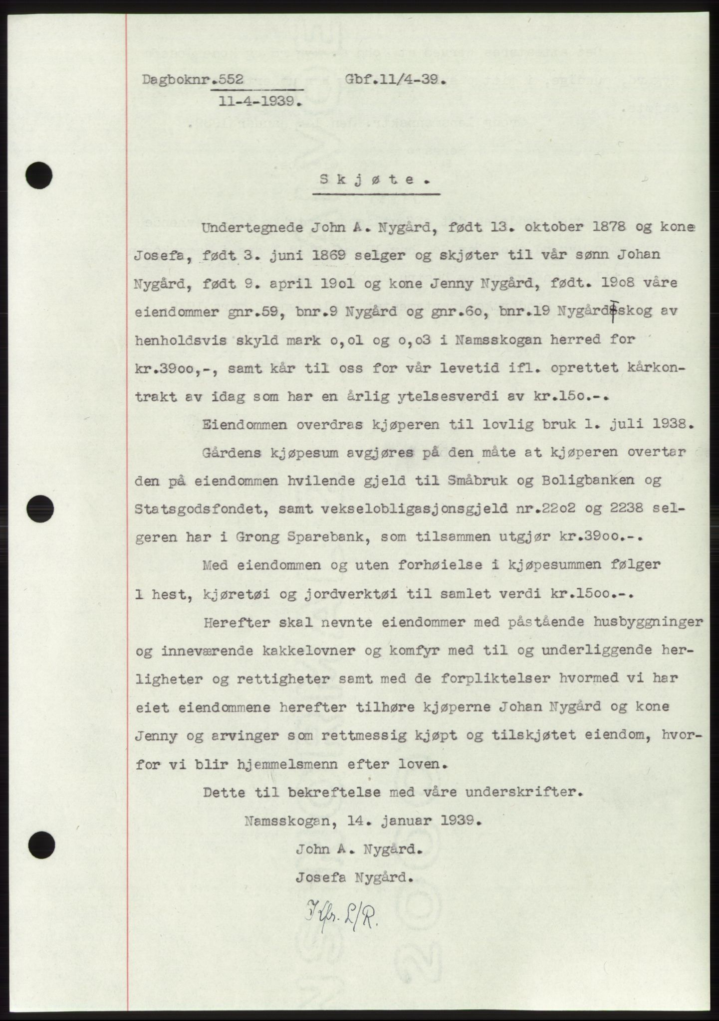 Namdal sorenskriveri, SAT/A-4133/1/2/2C: Pantebok nr. -, 1937-1939, Tingl.dato: 11.04.1939