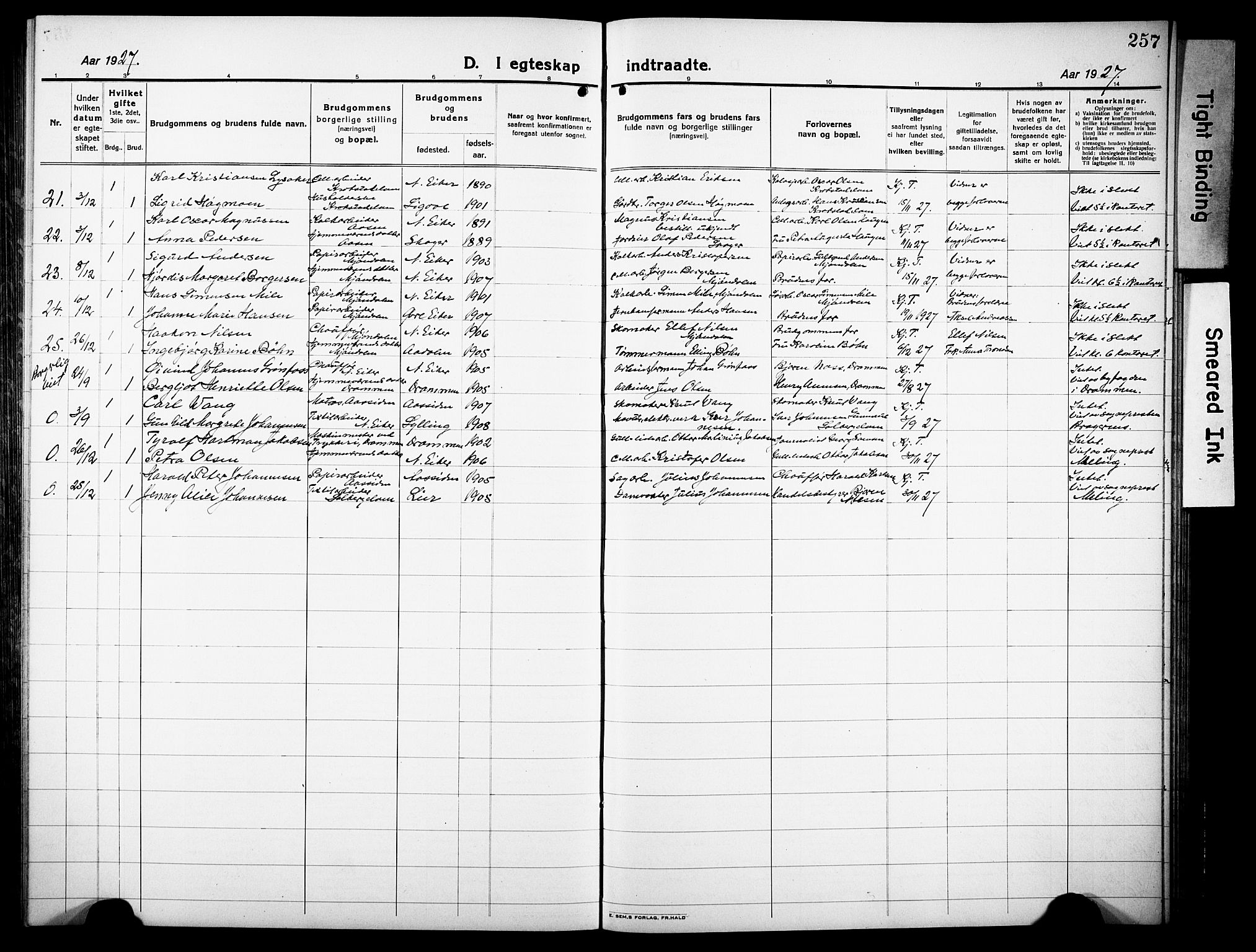 Nedre Eiker kirkebøker, AV/SAKO-A-612/G/Ga/L0006: Klokkerbok nr. 6, 1922-1933, s. 257