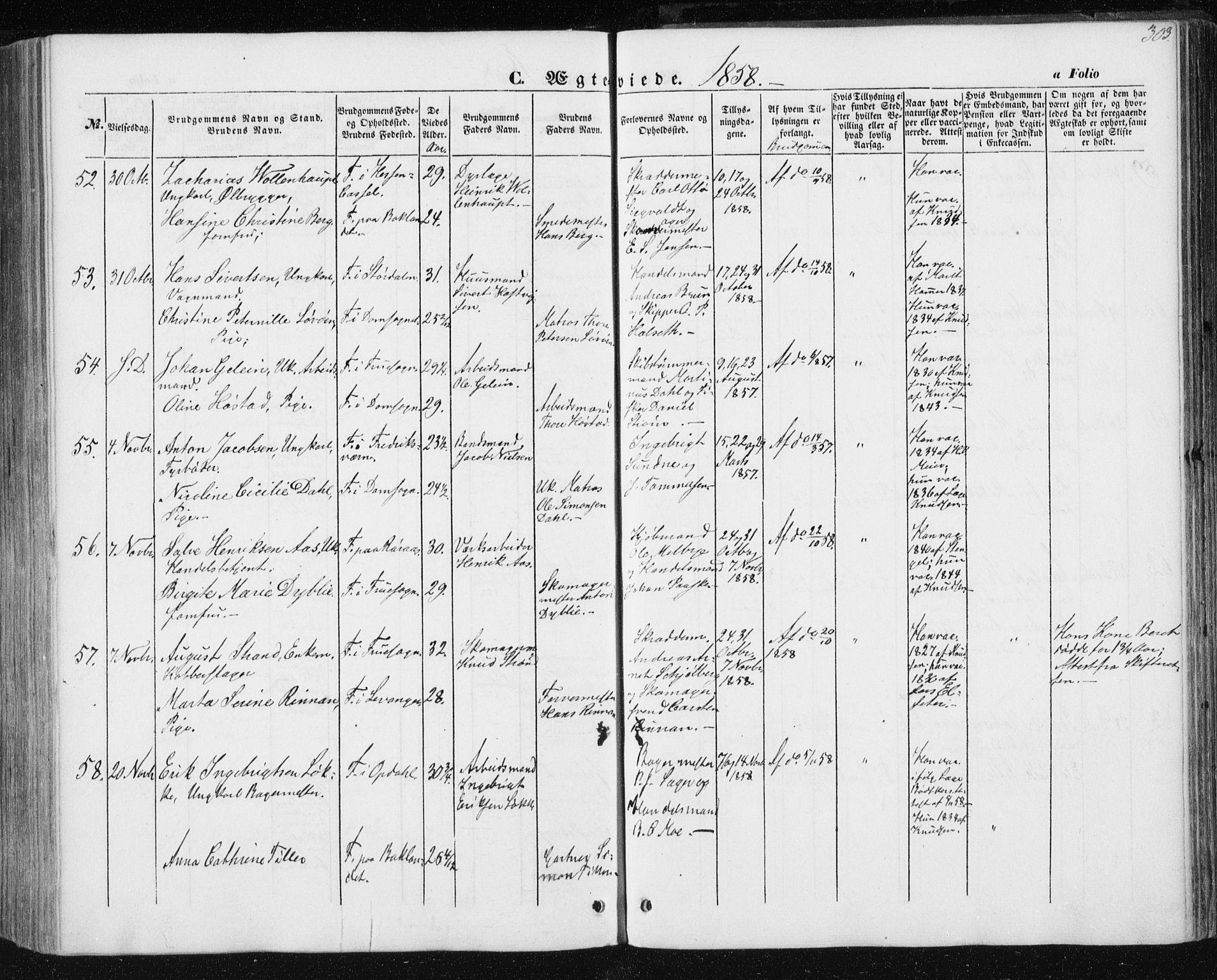 Ministerialprotokoller, klokkerbøker og fødselsregistre - Sør-Trøndelag, SAT/A-1456/602/L0112: Ministerialbok nr. 602A10, 1848-1859, s. 303