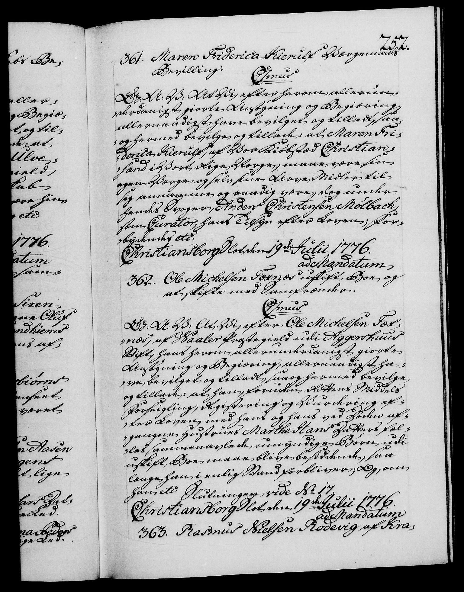 Danske Kanselli 1572-1799, AV/RA-EA-3023/F/Fc/Fca/Fcaa/L0047: Norske registre, 1776-1778, s. 252a