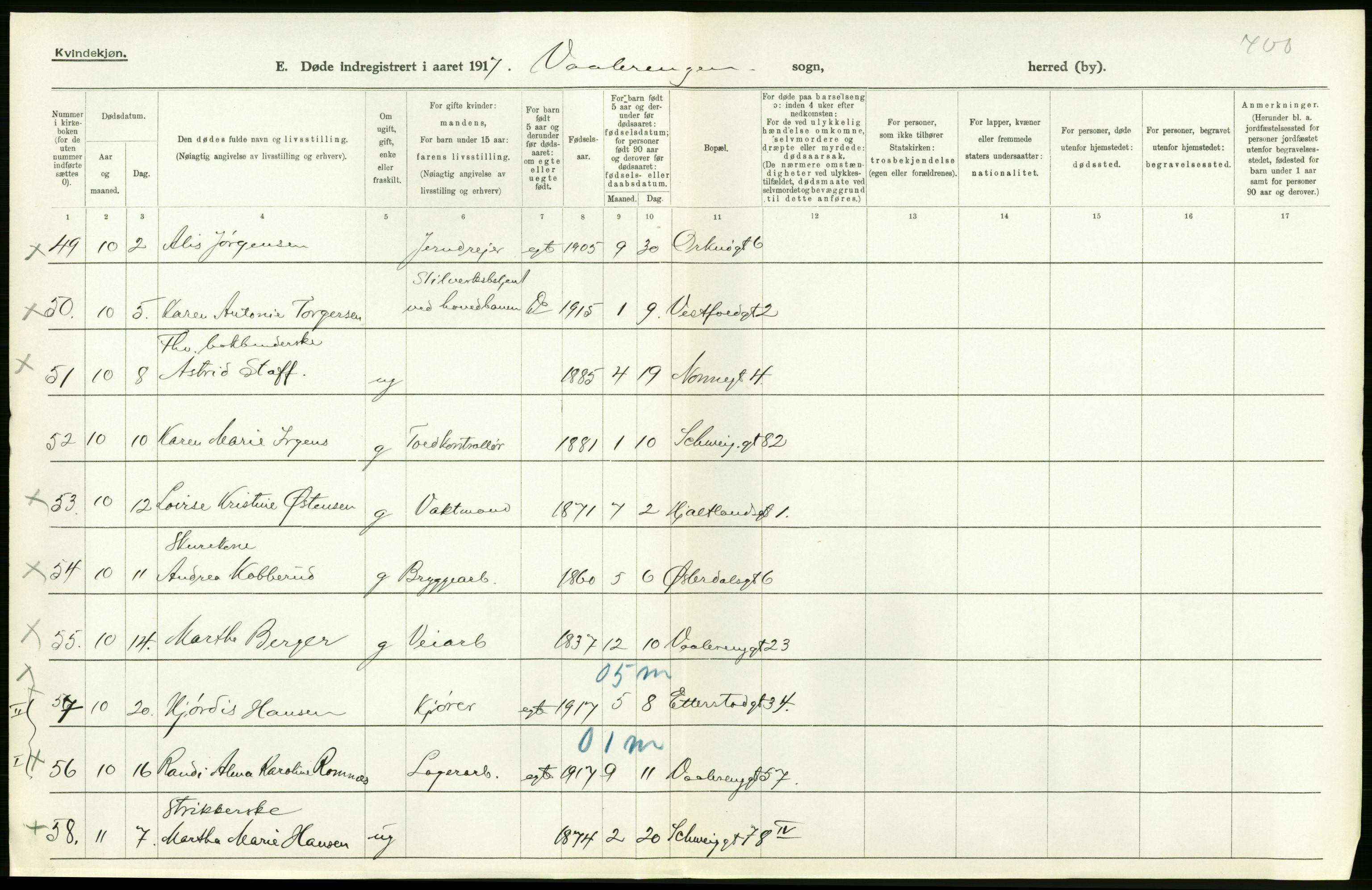 Statistisk sentralbyrå, Sosiodemografiske emner, Befolkning, AV/RA-S-2228/D/Df/Dfb/Dfbg/L0011: Kristiania: Døde, dødfødte., 1917, s. 264