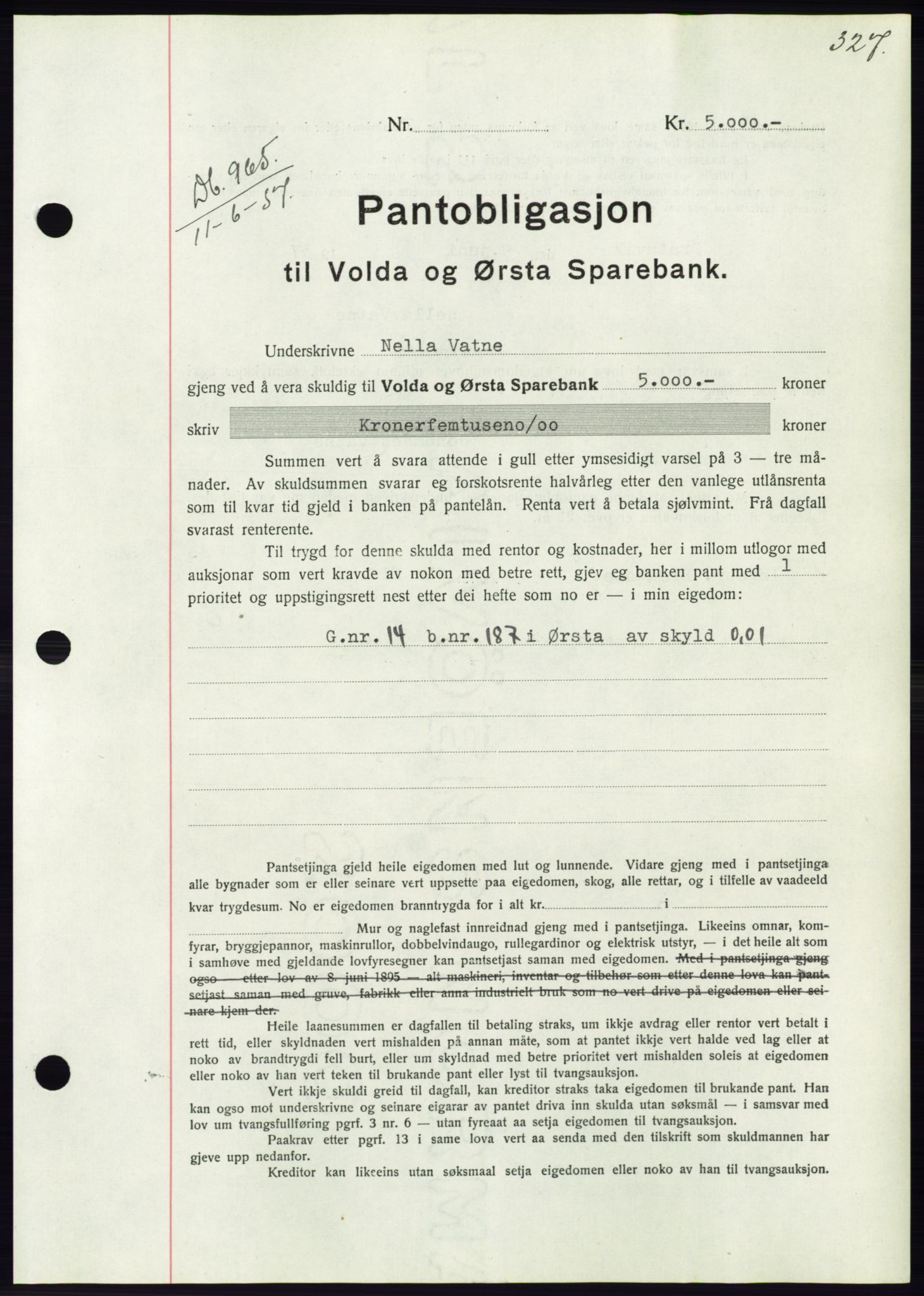 Søre Sunnmøre sorenskriveri, AV/SAT-A-4122/1/2/2C/L0063: Pantebok nr. 57, 1937-1937, Dagboknr: 965/1937