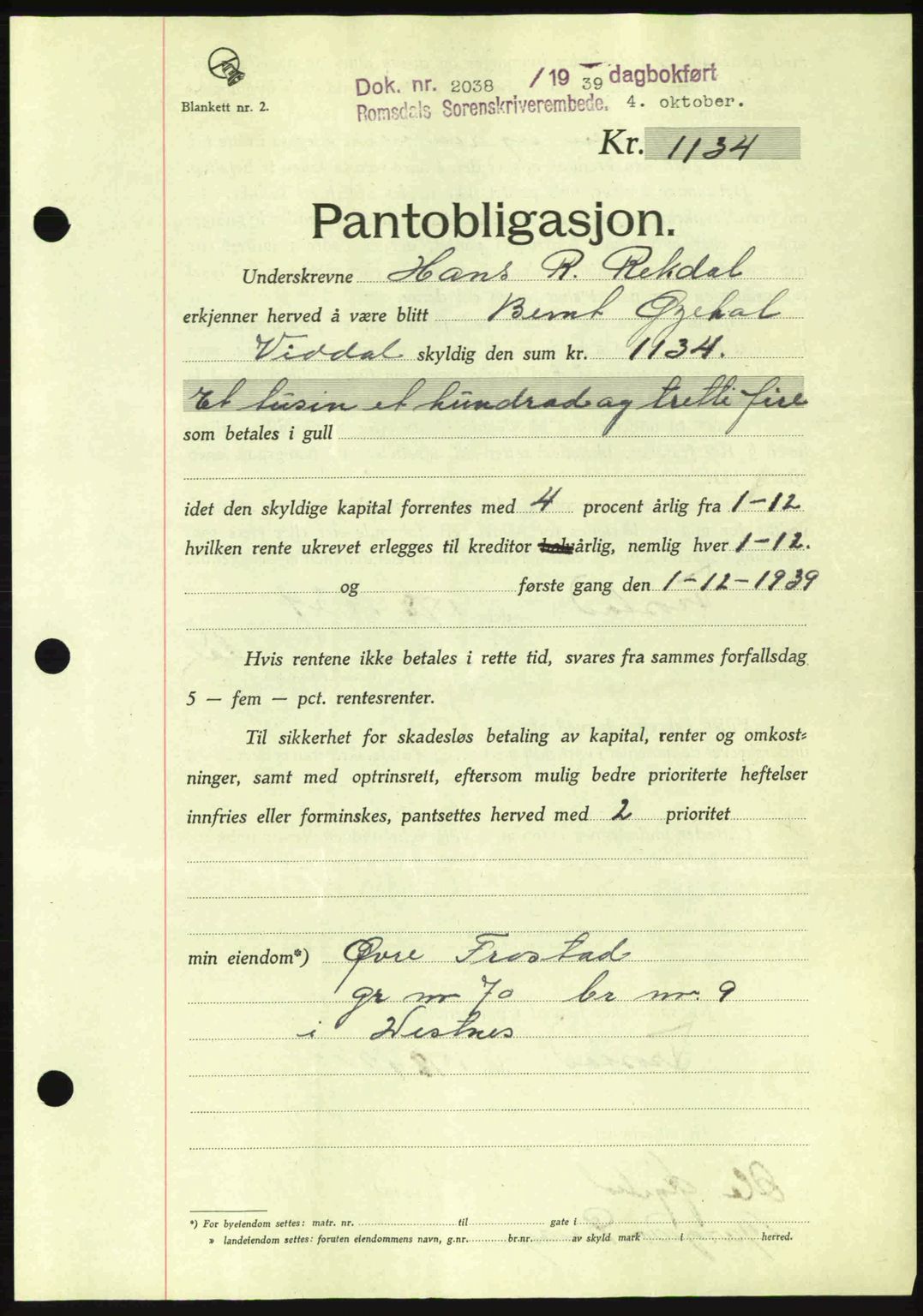 Romsdal sorenskriveri, SAT/A-4149/1/2/2C: Pantebok nr. B2, 1939-1945, Dagboknr: 2038/1939