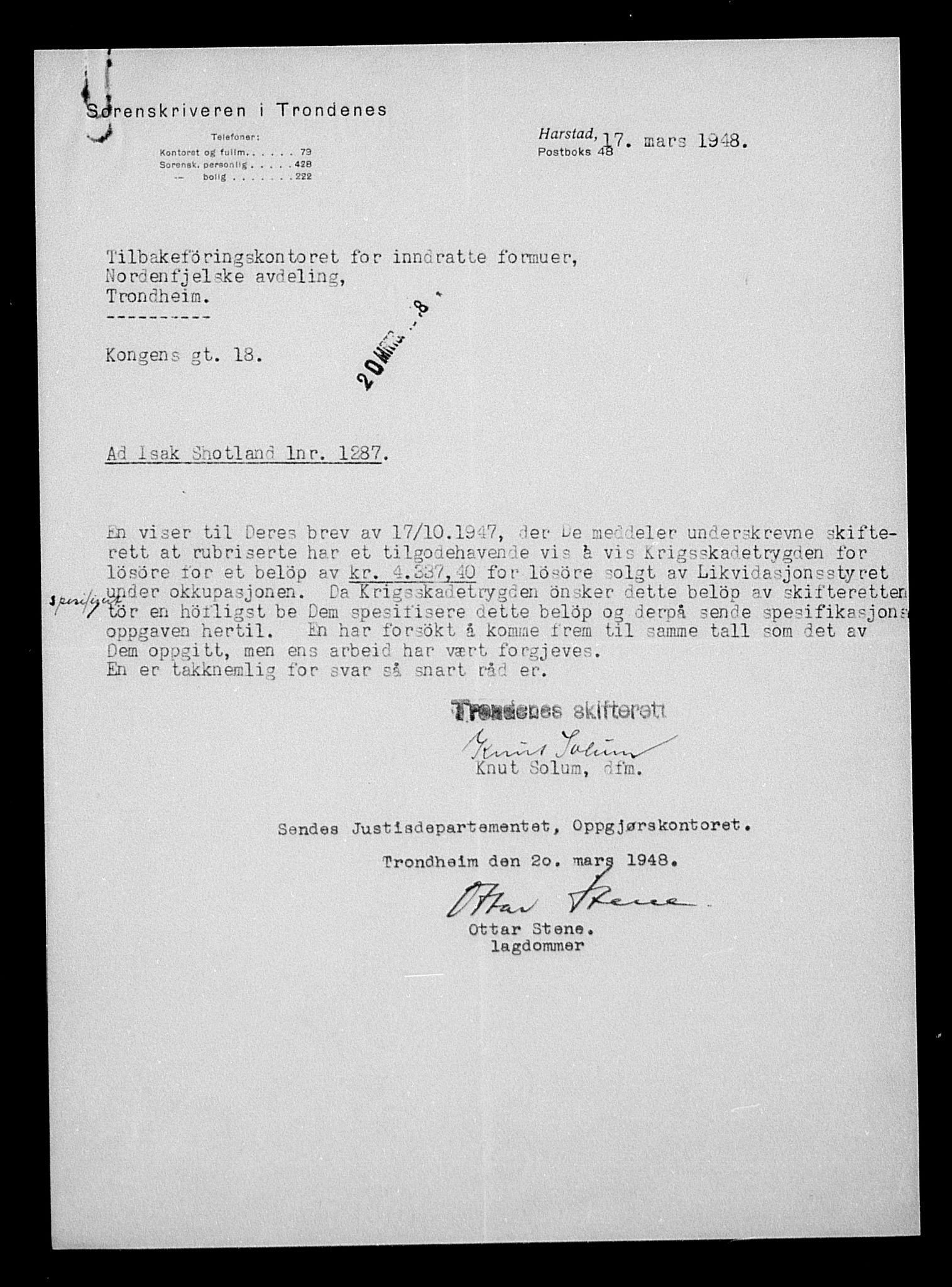 Justisdepartementet, Tilbakeføringskontoret for inndratte formuer, AV/RA-S-1564/H/Hc/Hcb/L0916: --, 1945-1947, s. 4