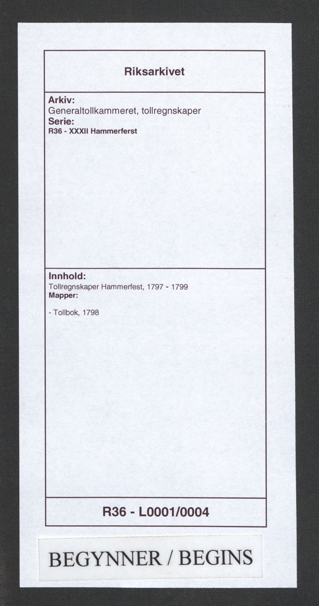Generaltollkammeret, tollregnskaper, RA/EA-5490/R36/L0001/0004: Tollregnskaper Hammerfest / Tollbok, 1798