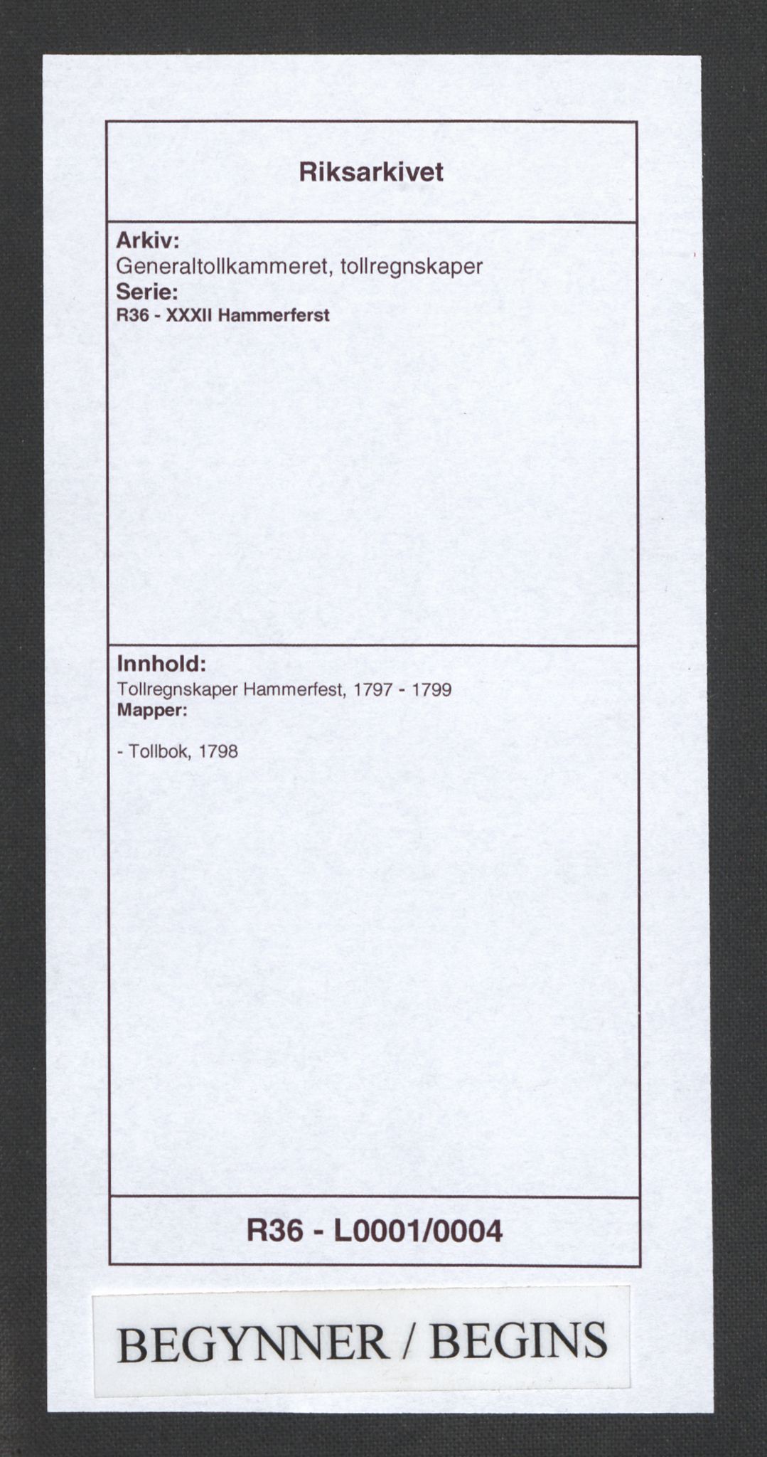 Generaltollkammeret, tollregnskaper, AV/RA-EA-5490/R36/L0001/0004: Tollregnskaper Hammerfest / Tollbok, 1798