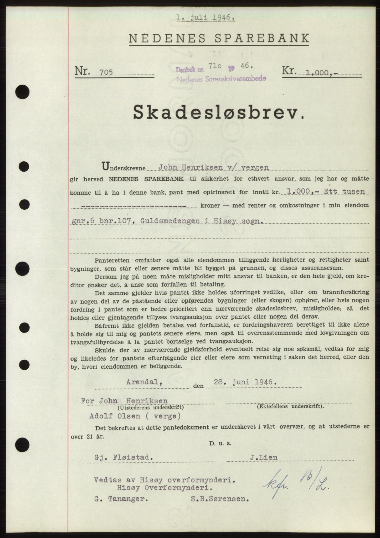 Nedenes sorenskriveri, SAK/1221-0006/G/Gb/Gbb/L0003: Pantebok nr. B3b, 1946-1946, Dagboknr: 710/1946
