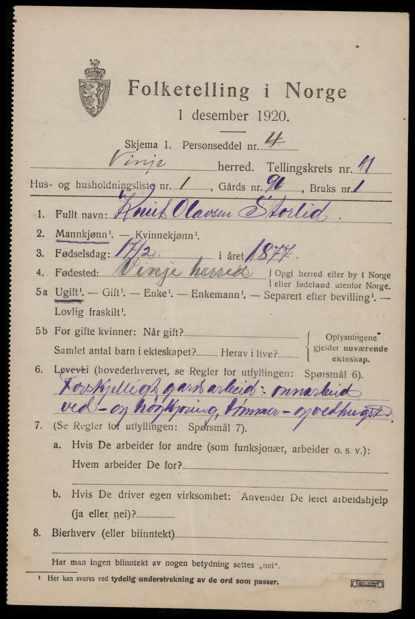 SAKO, Folketelling 1920 for 0834 Vinje herred, 1920, s. 3363