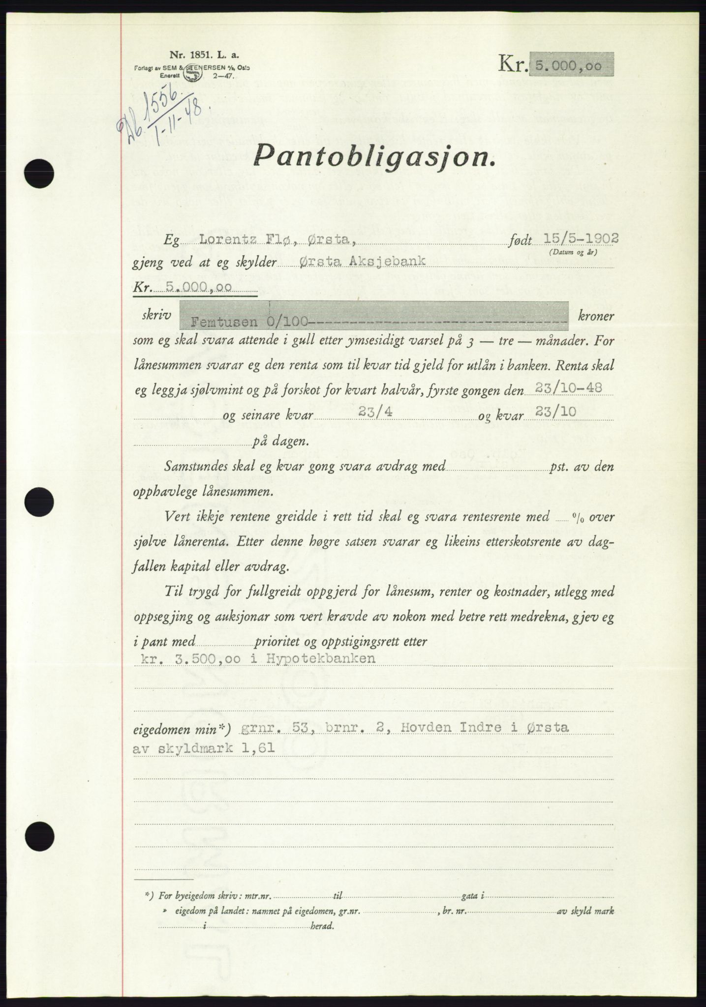 Søre Sunnmøre sorenskriveri, AV/SAT-A-4122/1/2/2C/L0116: Pantebok nr. 4B, 1948-1949, Dagboknr: 1556/1948