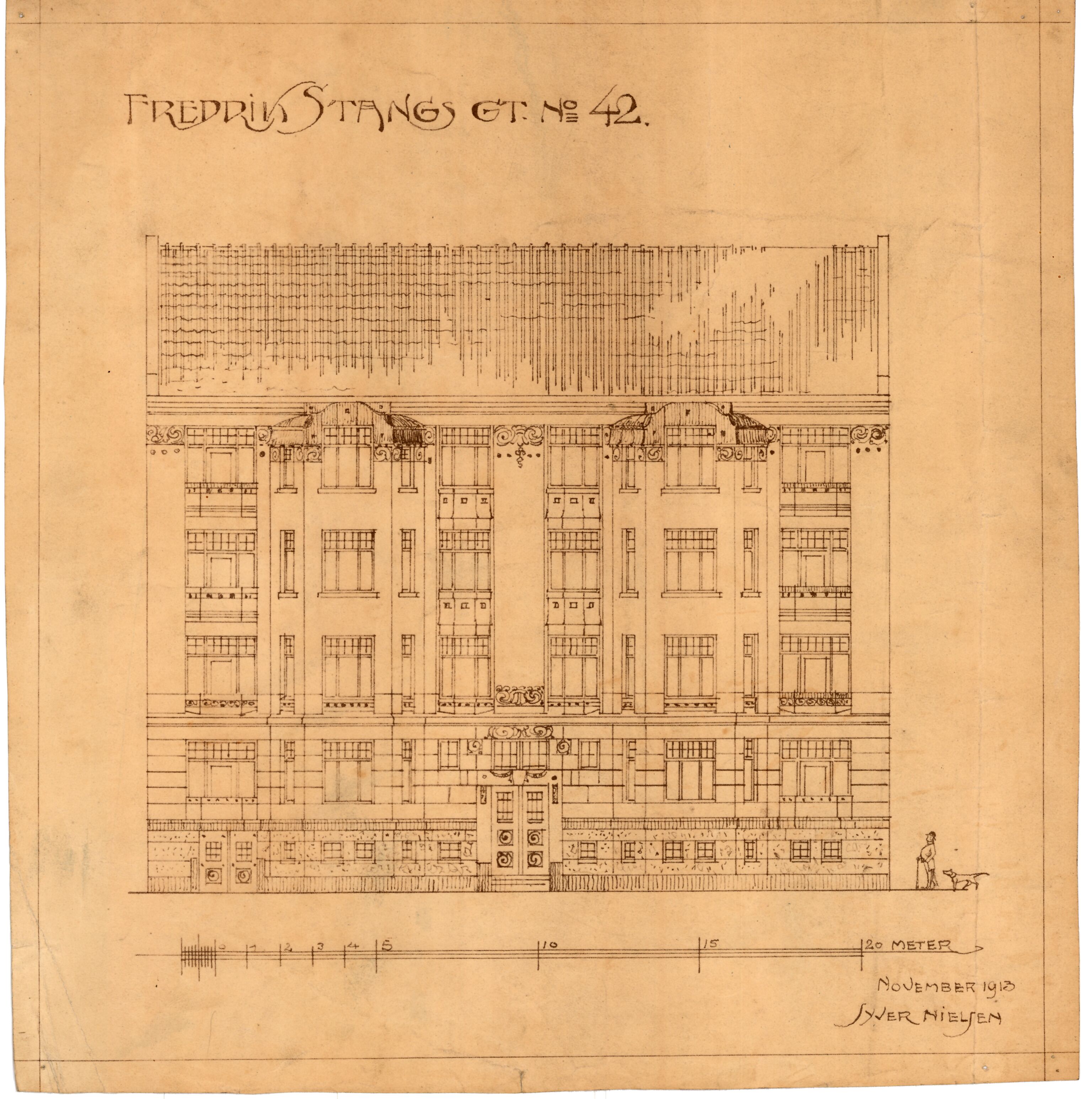 Syver Nielsen Arkitekt, OBA/A-70230/T/L0013/0001: Fredrik Stangs Gate 40-42-44 / Fasader og karnappavslutning, 1913-1916, s. 3