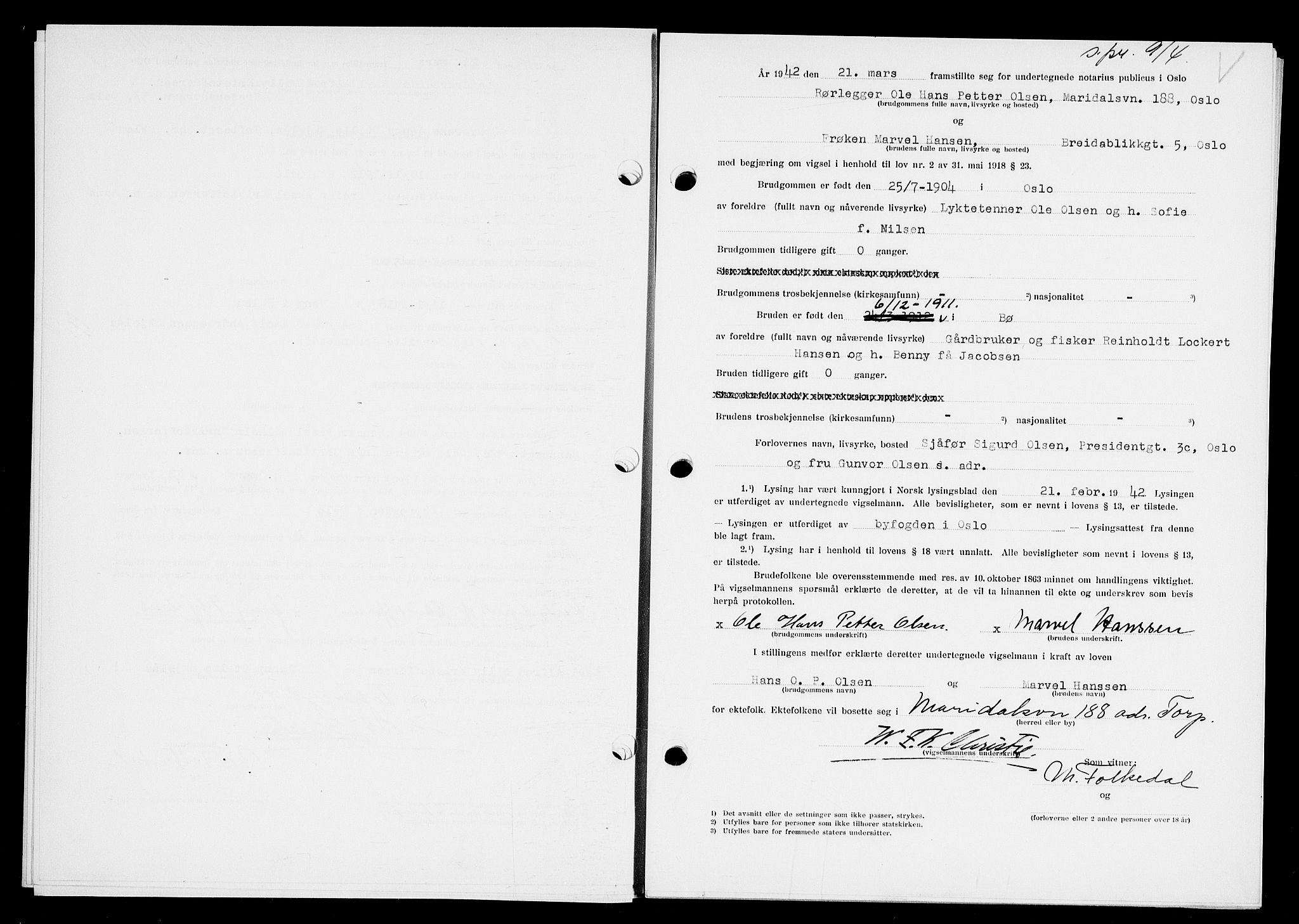 Oslo byfogd avd. I, AV/SAO-A-10220/L/Lb/Lbb/L0039: Notarialprotokoll, rekke II: Vigsler, 1942