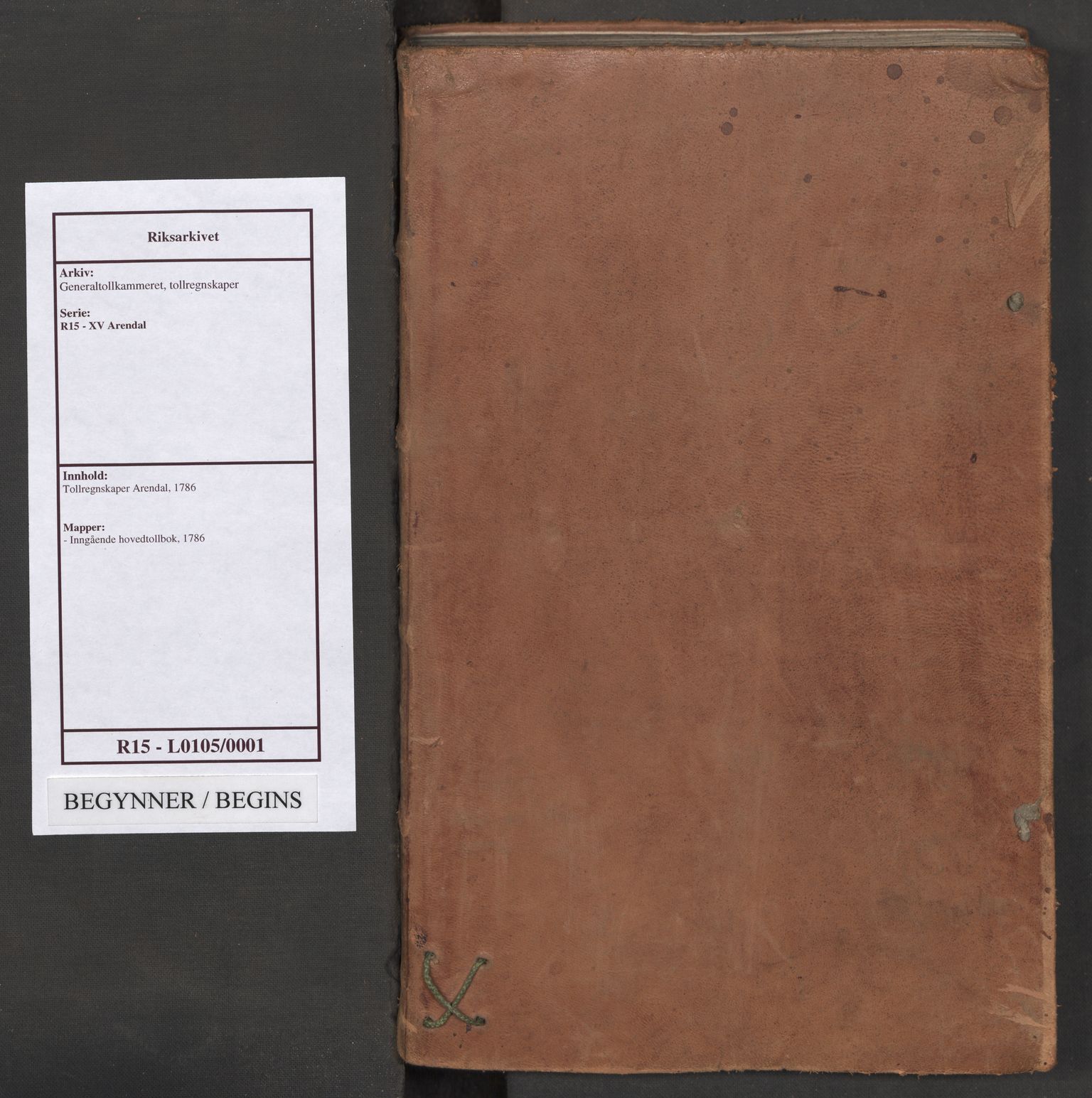 Generaltollkammeret, tollregnskaper, RA/EA-5490/R15/L0105/0001: Tollregnskaper Arendal / Inngående hovedtollbok, 1786