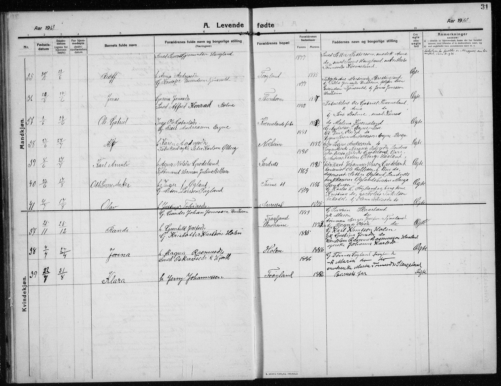 Time sokneprestkontor, AV/SAST-A-101795/001/30BB/L0001: Klokkerbok nr. B 1, 1910-1932, s. 31