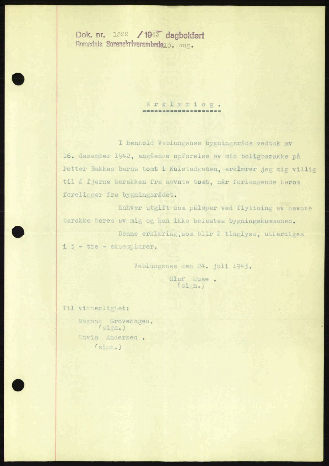 Romsdal sorenskriveri, SAT/A-4149/1/2/2C: Pantebok nr. B2, 1939-1945, Dagboknr: 1322/1943