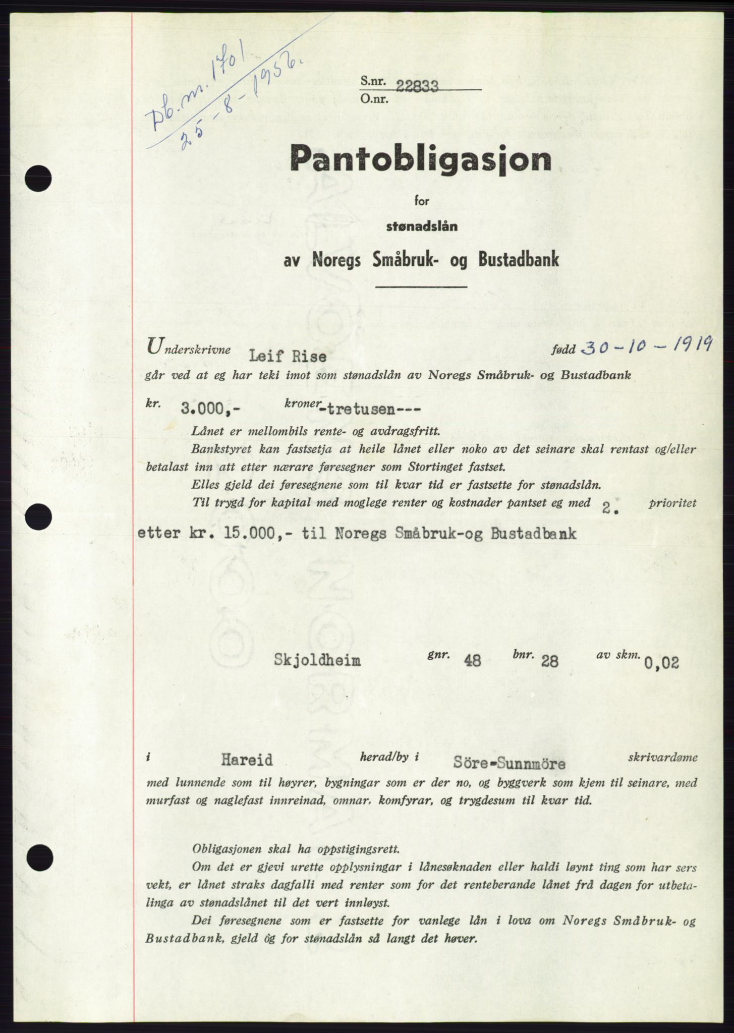 Søre Sunnmøre sorenskriveri, SAT/A-4122/1/2/2C/L0128: Pantebok nr. 16B, 1956-1956, Dagboknr: 1701/1956