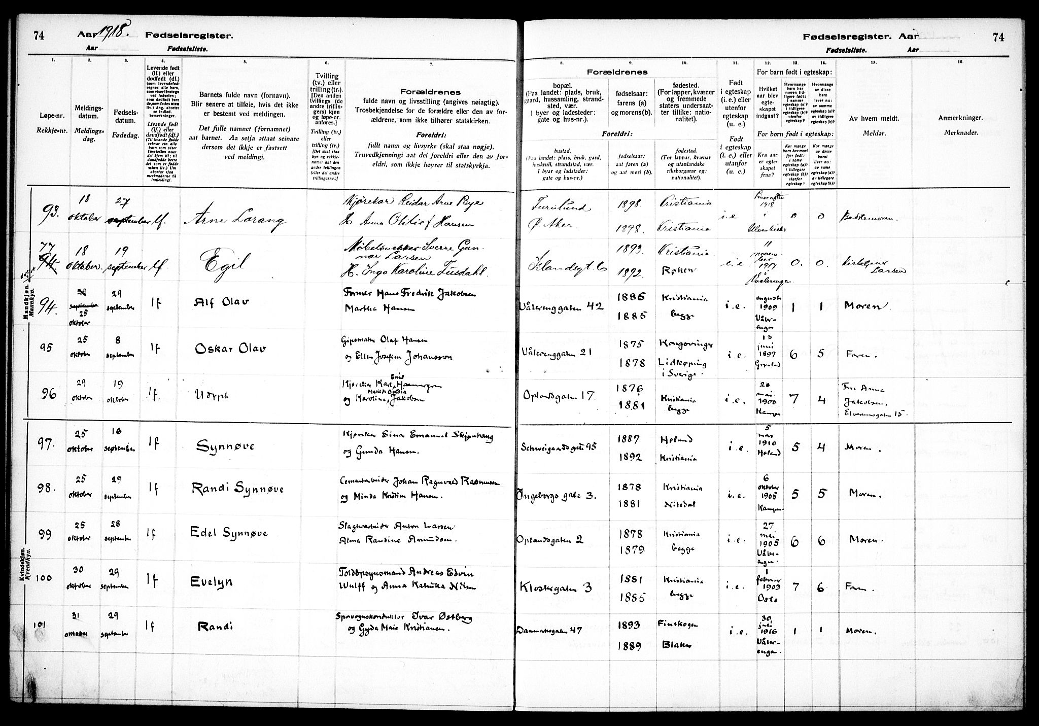 Vålerengen prestekontor Kirkebøker, AV/SAO-A-10878/J/Ja/L0001: Fødselsregister nr. 1, 1916-1924, s. 74