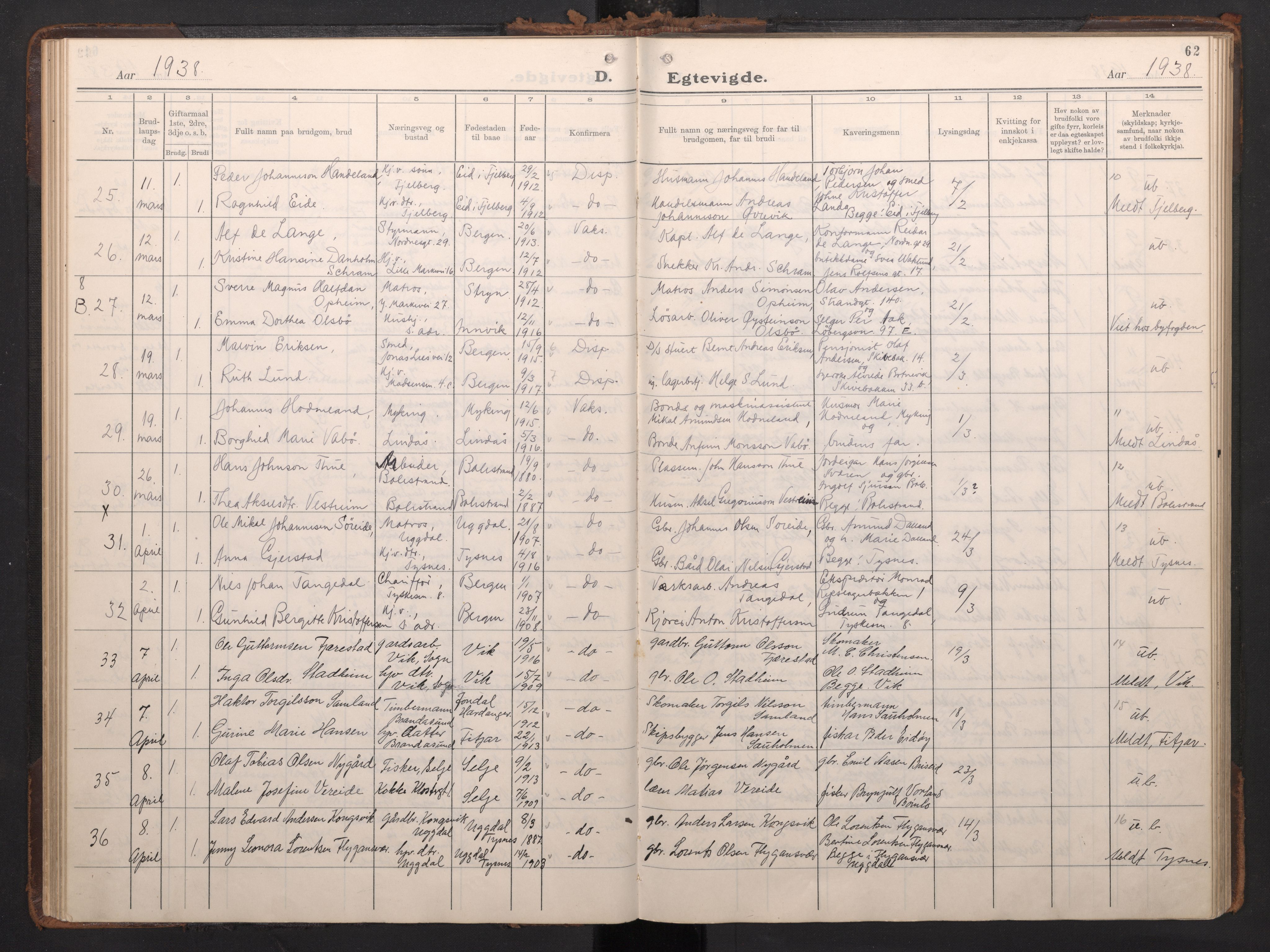 Nykirken Sokneprestembete, AV/SAB-A-77101/H/Haa/L0039: Ministerialbok nr. D 9, 1935-1946, s. 61b-62a