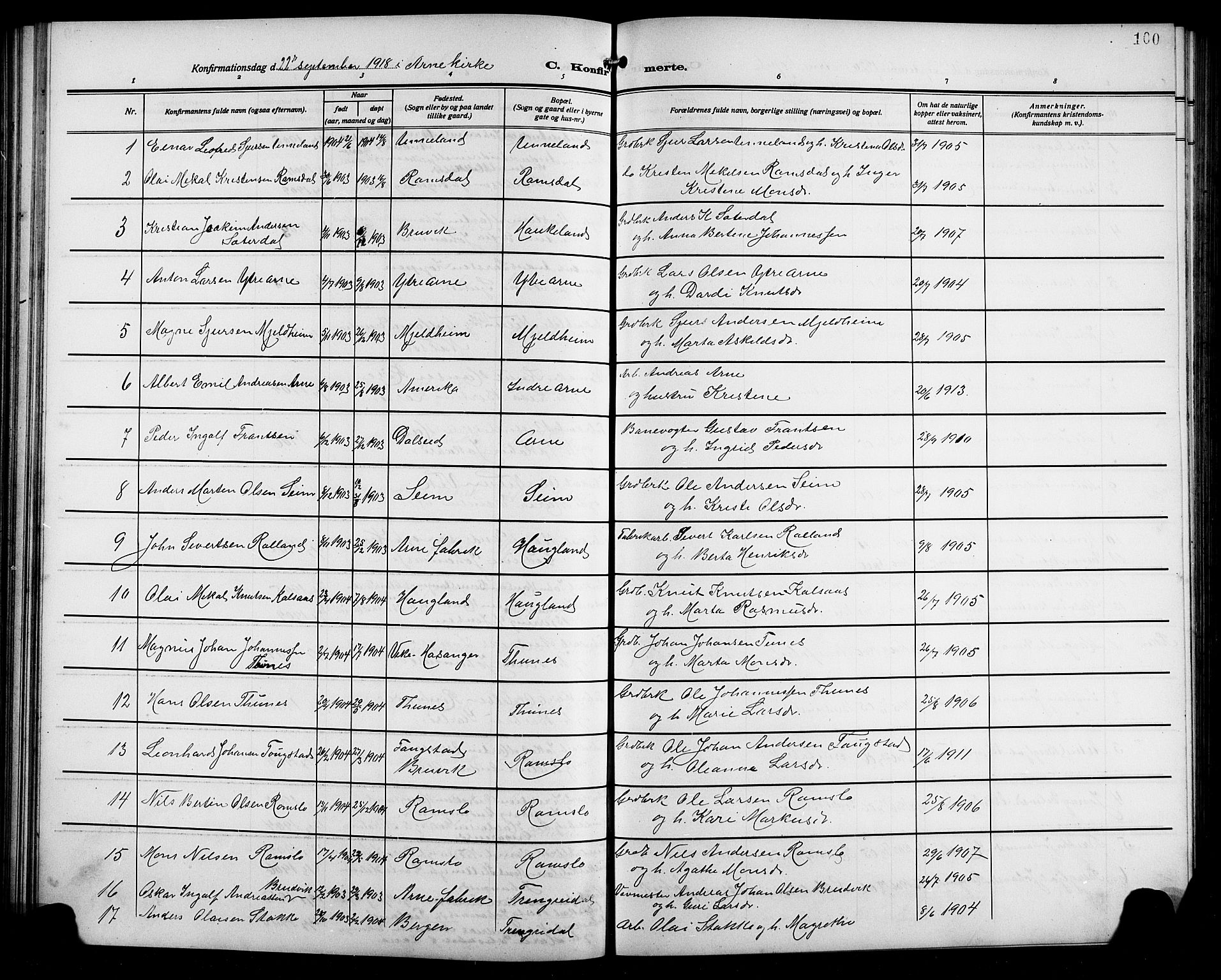 Arna sokneprestembete, AV/SAB-A-74001/H/Ha/Hab: Klokkerbok nr. A 5, 1911-1921, s. 100