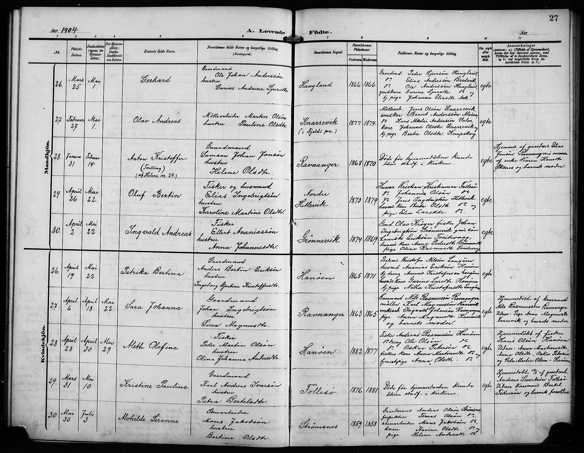 Askøy Sokneprestembete, AV/SAB-A-74101/H/Ha/Hab/Haba/L0010: Klokkerbok nr. A 10, 1903-1907, s. 27