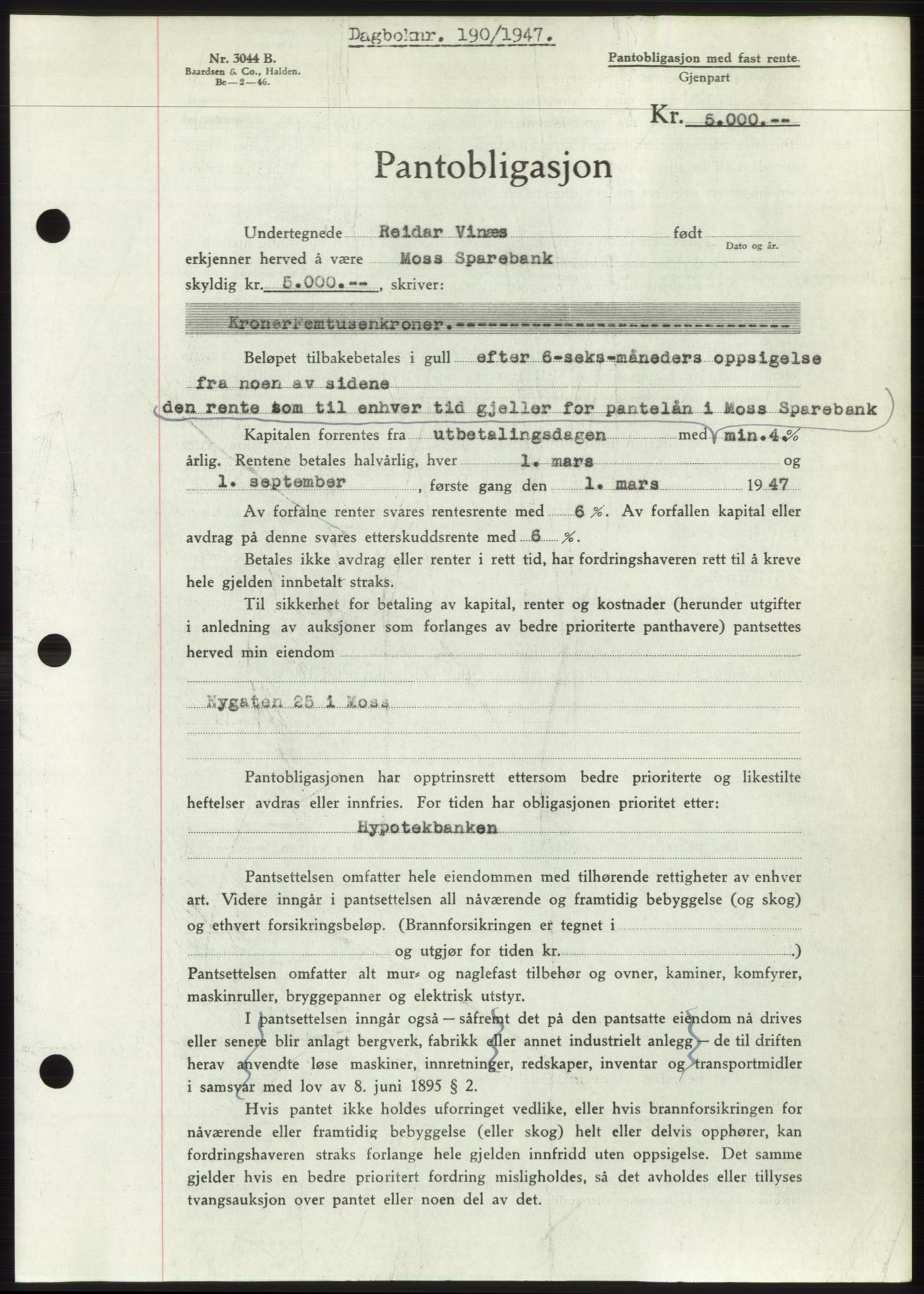 Moss sorenskriveri, SAO/A-10168: Pantebok nr. B16, 1946-1947, Dagboknr: 190/1947