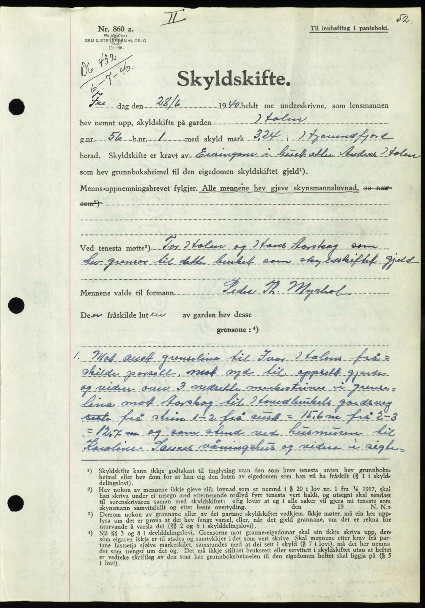 Søre Sunnmøre sorenskriveri, AV/SAT-A-4122/1/2/2C/L0070: Pantebok nr. 64, 1940-1941, Dagboknr: 432/1940