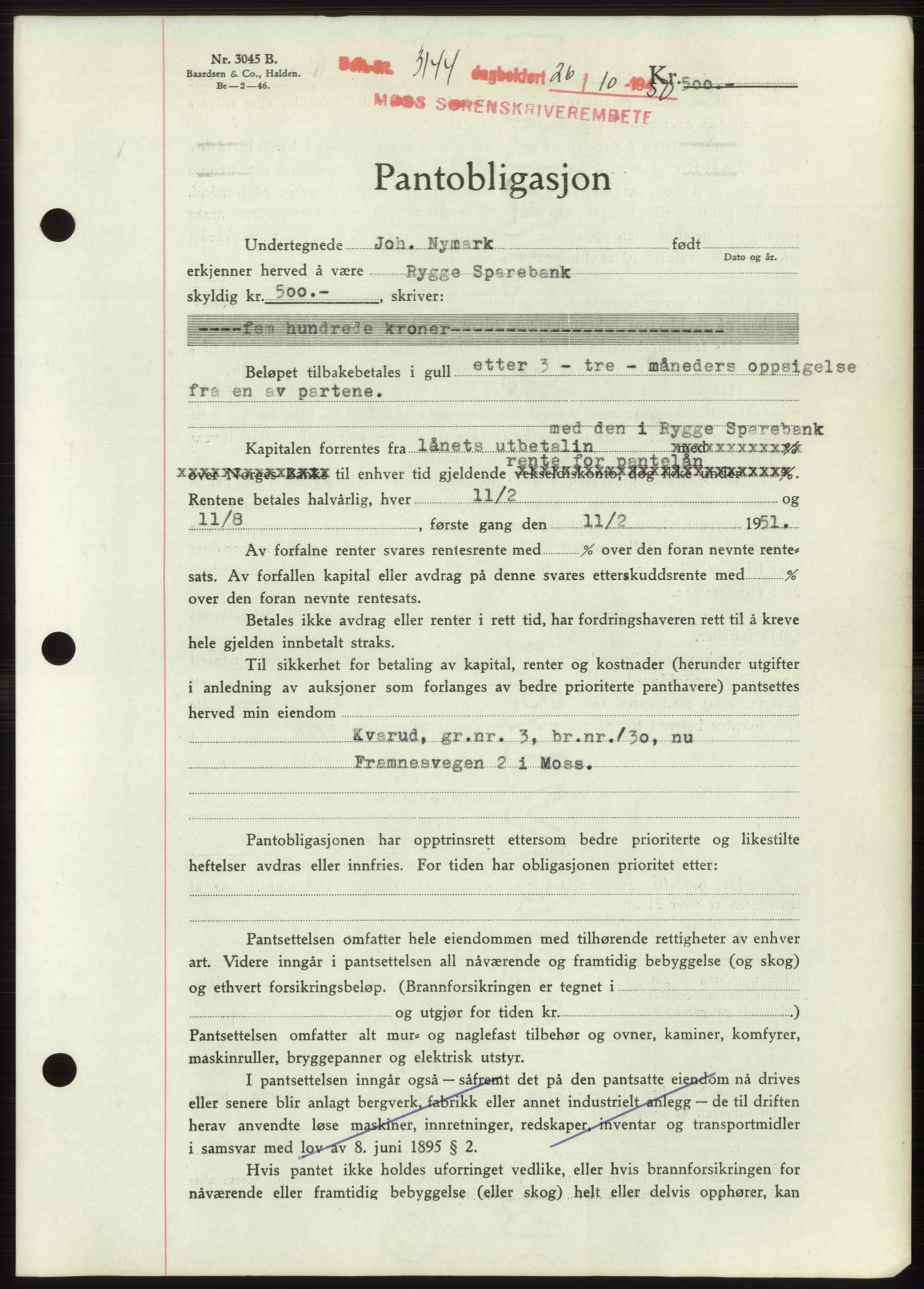 Moss sorenskriveri, SAO/A-10168: Pantebok nr. B25, 1950-1950, Dagboknr: 3144/1950