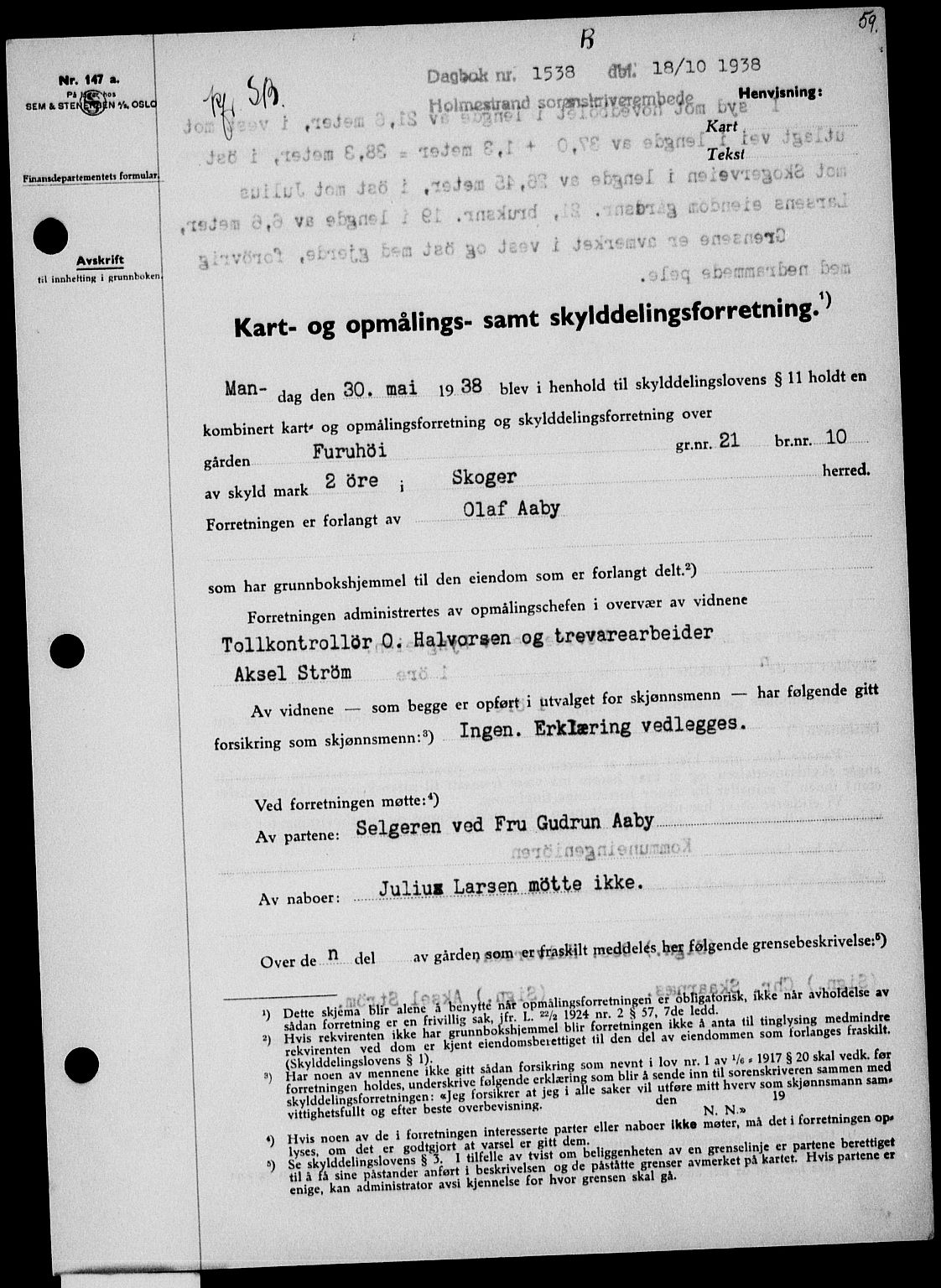 Holmestrand sorenskriveri, SAKO/A-67/G/Ga/Gaa/L0050: Pantebok nr. A-50, 1938-1939, Dagboknr: 1538/1938