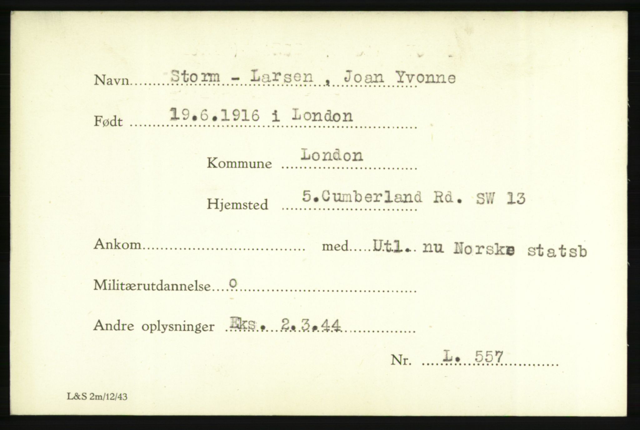 Forsvarets Overkommando. 2. kontor. Arkiv 8.1. Mottakersentralen FDE og FO.II, AV/RA-RAFA-6952/P/Pa/L0019: Storm - Thoreby , 1940-1945