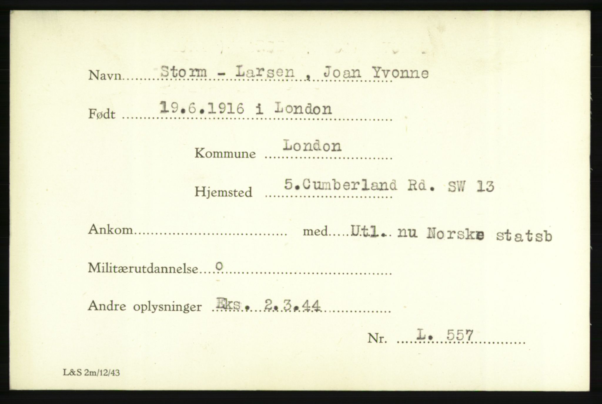 Forsvarets Overkommando. 2. kontor. Arkiv 8.1. Mottakersentralen FDE og FO.II, RA/RAFA-6952/P/Pa/L0019: Storm - Thoreby , 1940-1945