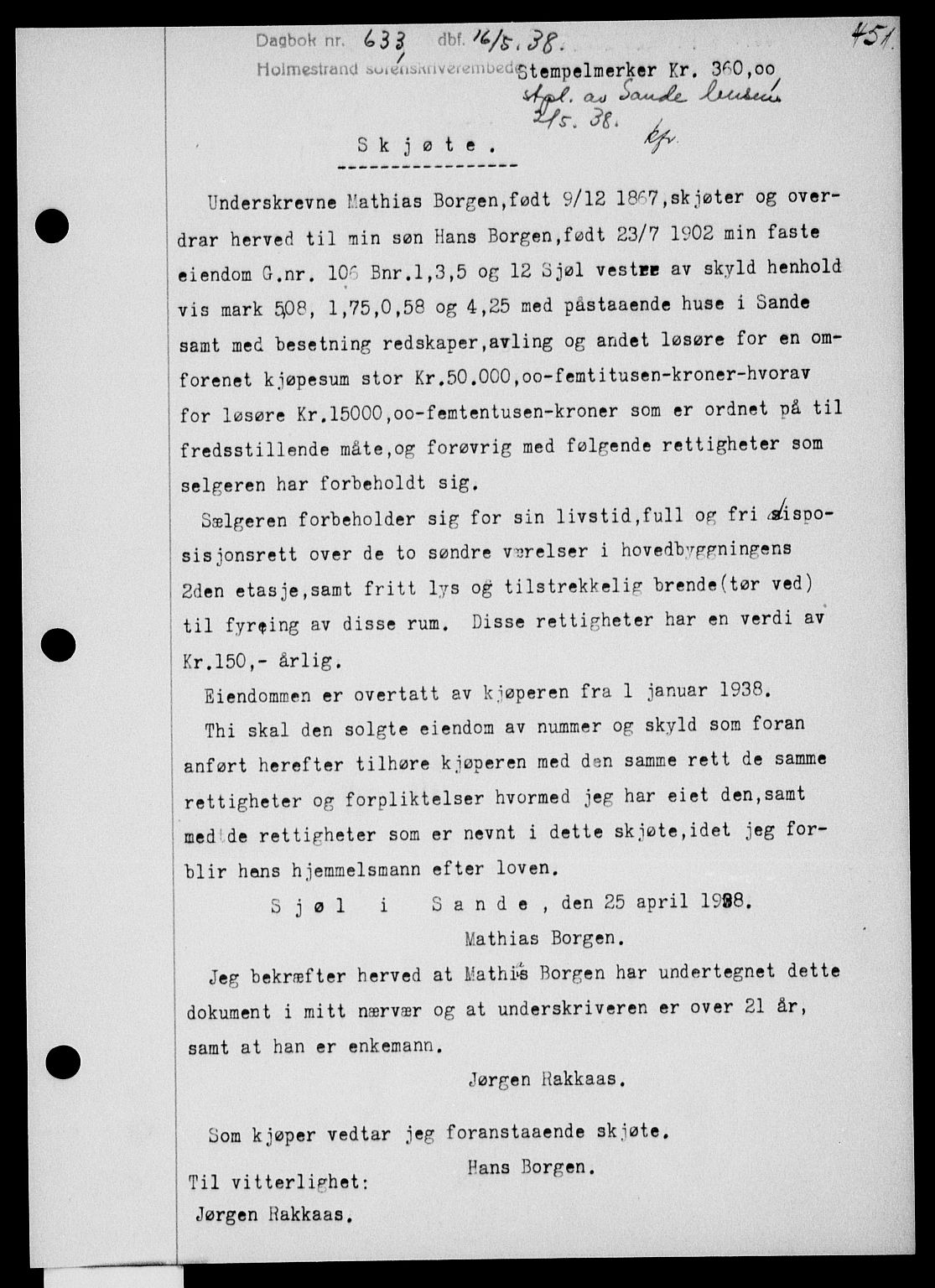 Holmestrand sorenskriveri, SAKO/A-67/G/Ga/Gaa/L0049: Pantebok nr. A-49, 1937-1938, Dagboknr: 633/1938