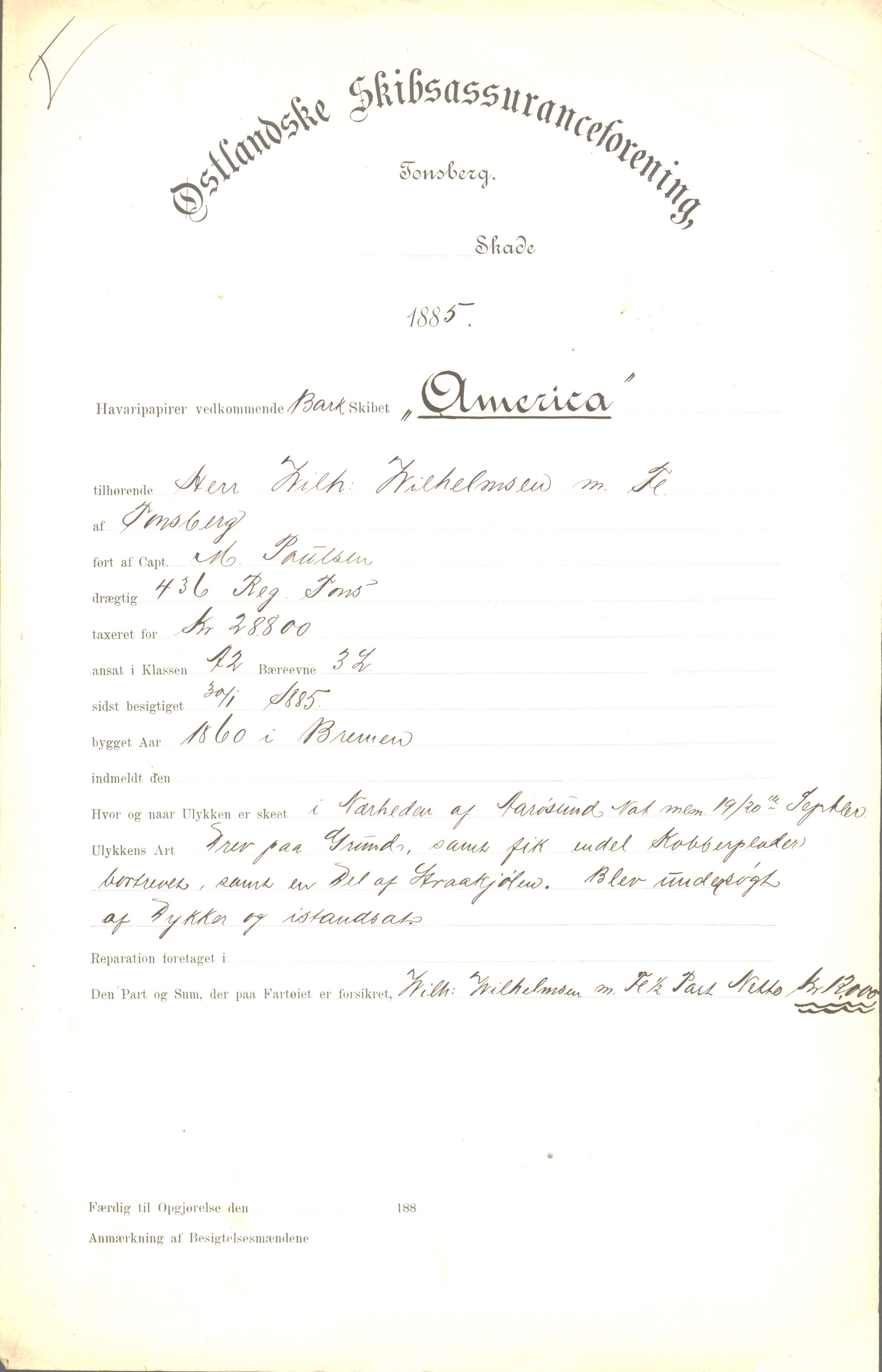 Pa 63 - Østlandske skibsassuranceforening, VEMU/A-1079/G/Ga/L0018/0003: Havaridokumenter / Gazelle, Gambetta, Hildur, Botvid, Alvega, America, 1885, s. 18