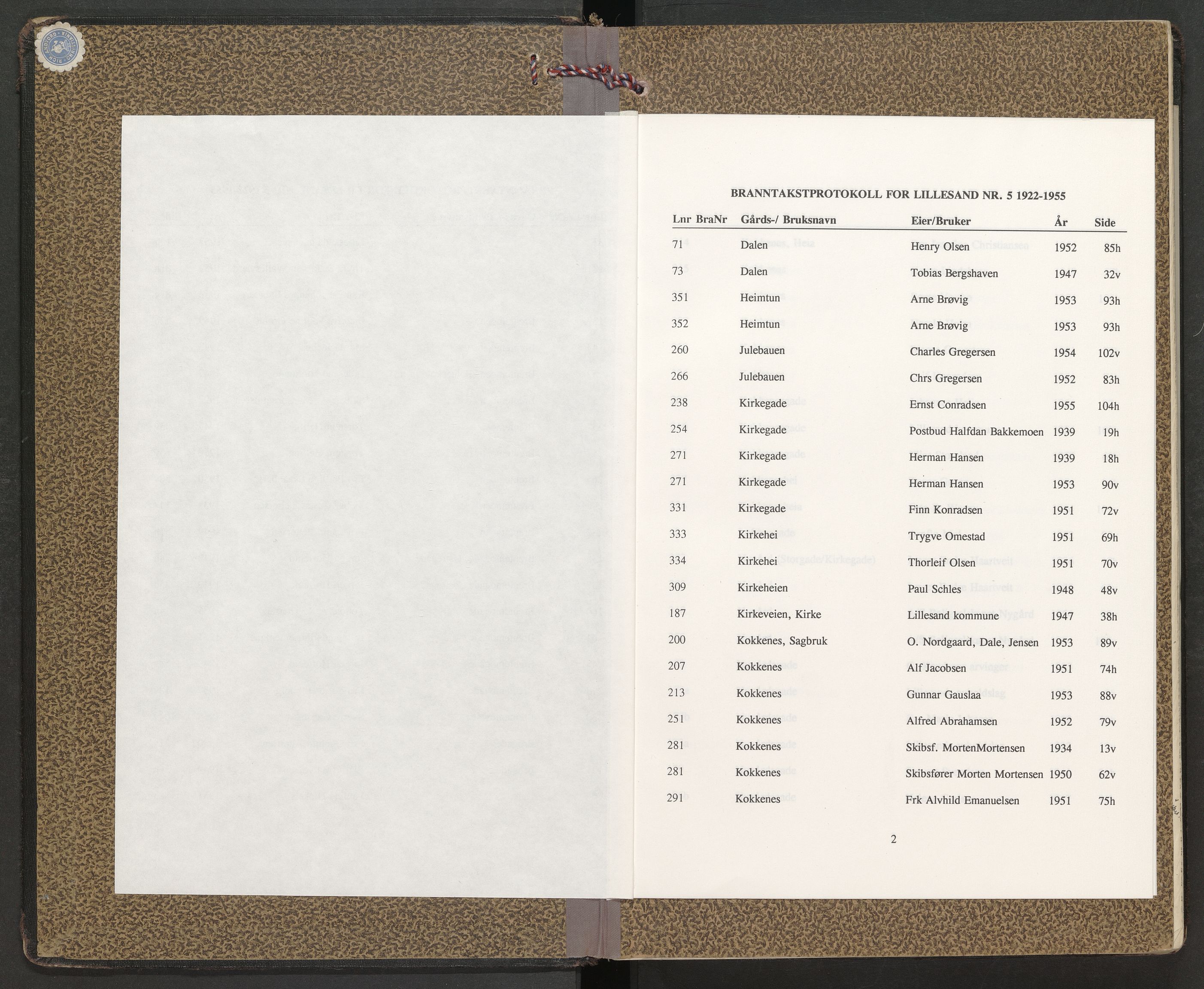 Norges Brannkasse Lillesand, AV/SAK-2241-0033/F/Fa/L0005: Branntakstprotokoll nr. 5 med gatenavnregister, 1922-1955