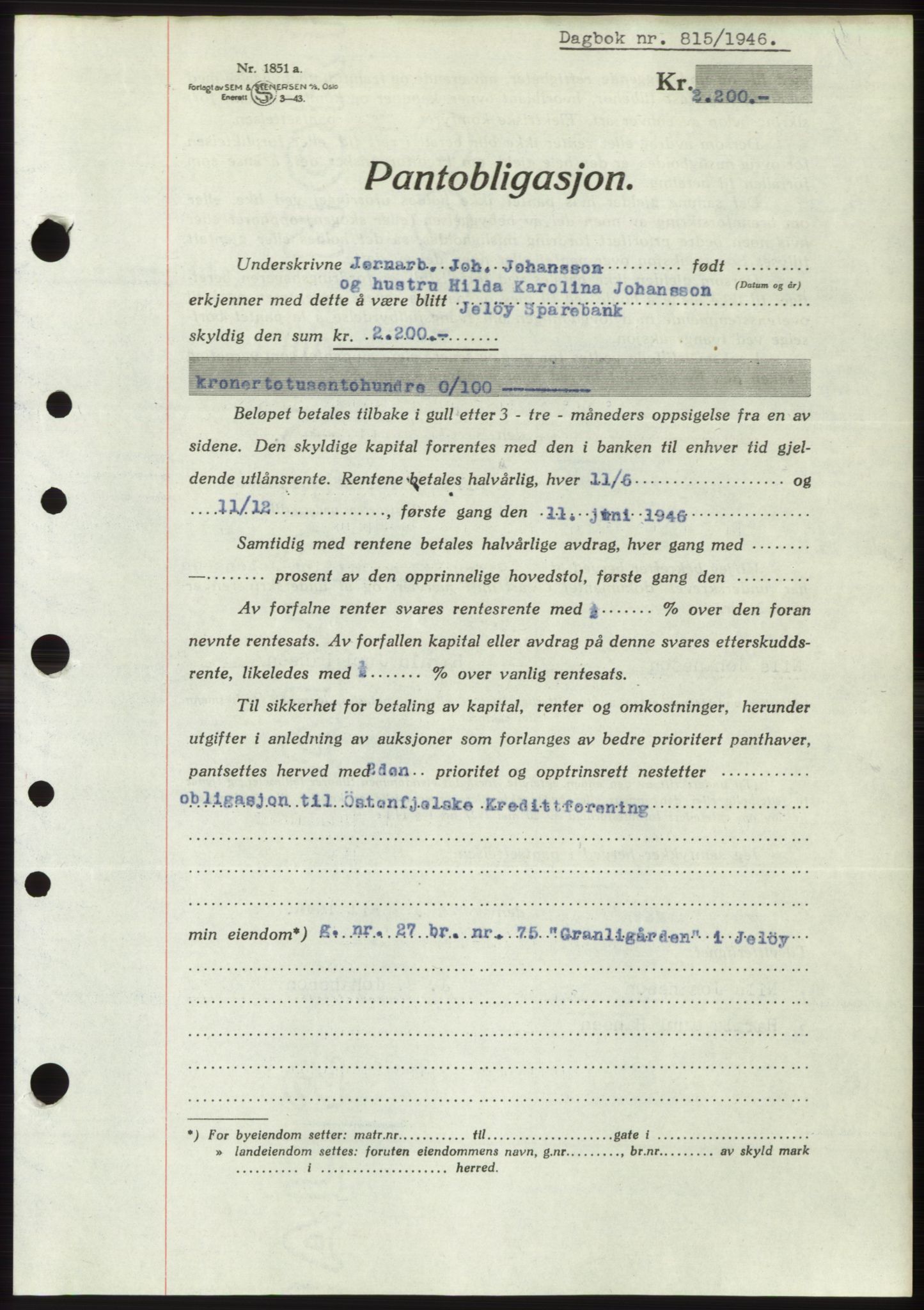 Moss sorenskriveri, SAO/A-10168: Pantebok nr. B15, 1946-1946, Dagboknr: 815/1946