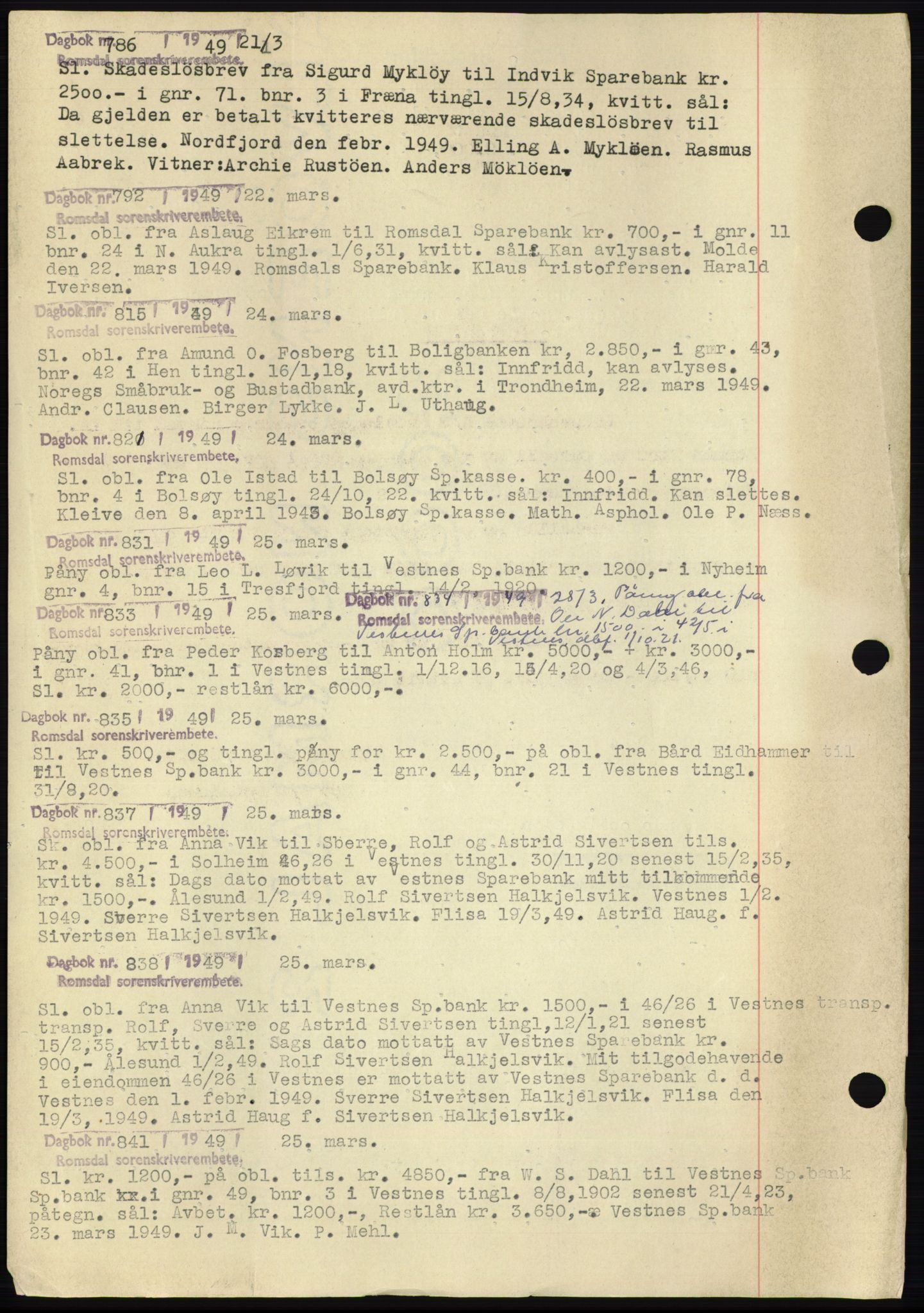 Romsdal sorenskriveri, SAT/A-4149/1/2/2C: Pantebok nr. C2, 1949-1951, Dagboknr: 786/1949