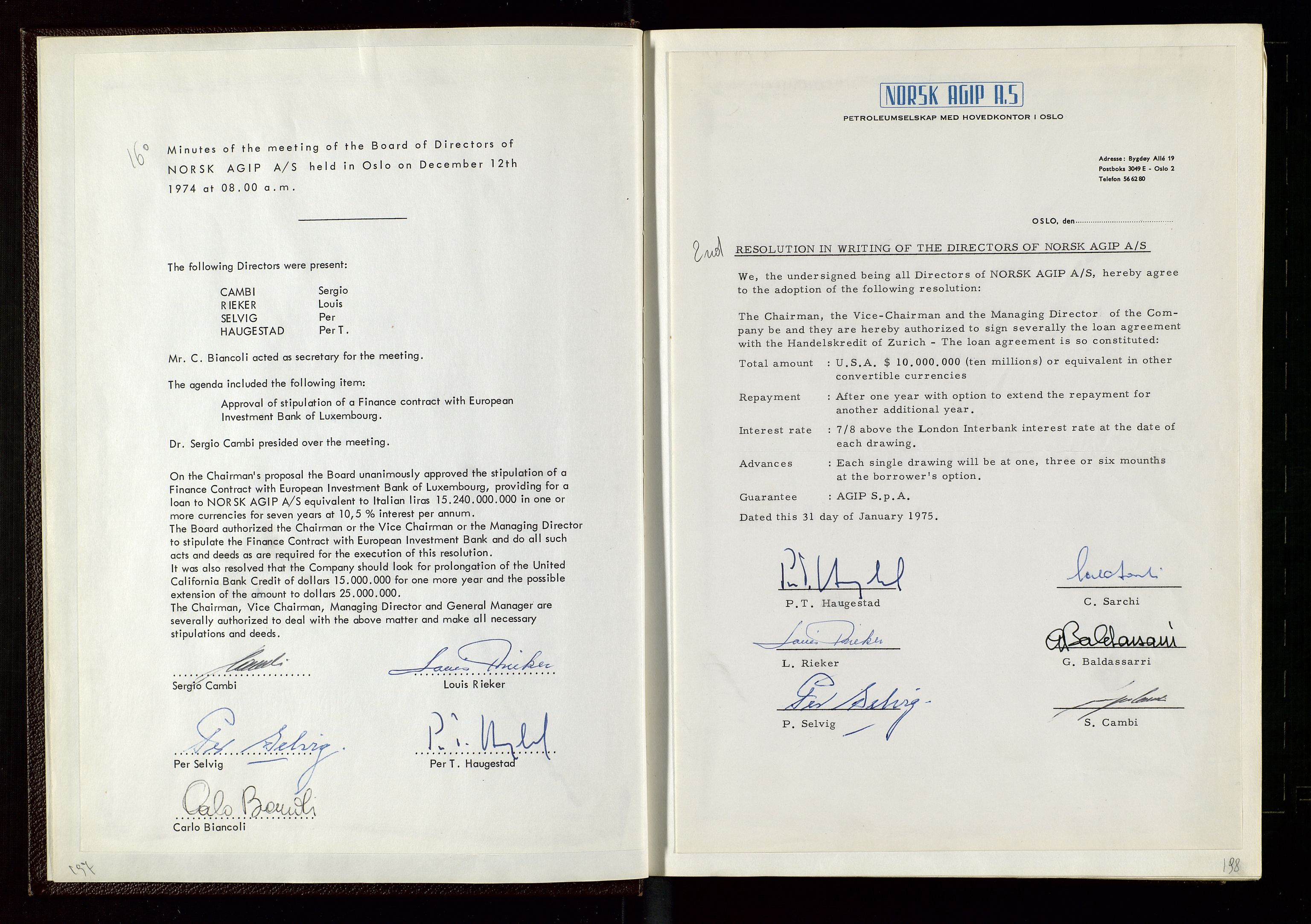 Pa 1583 - Norsk Agip AS, SAST/A-102138/A/Aa/L0002: General assembly and Board of Directors meeting minutes, 1972-1979, s. 197-198