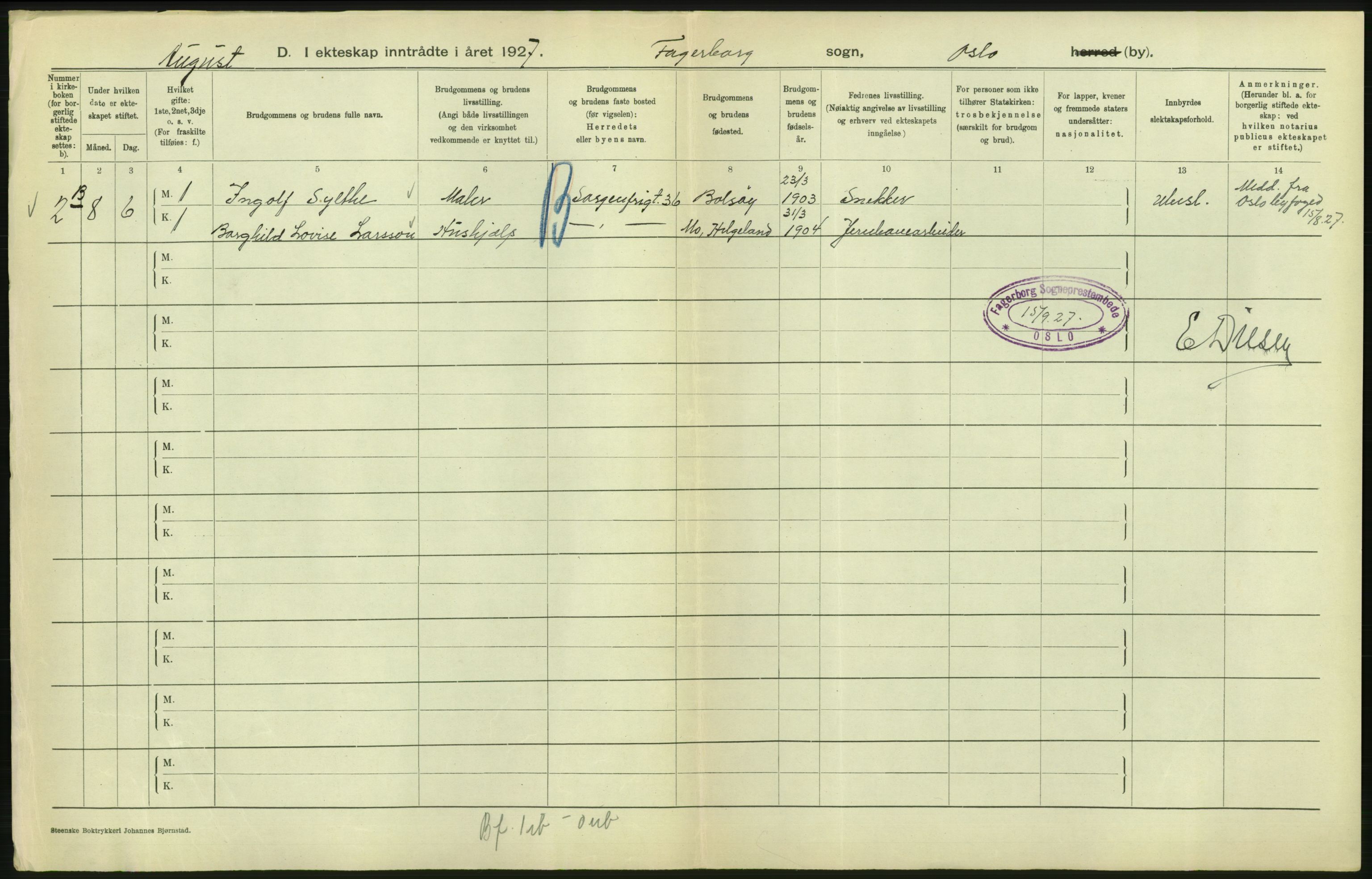 Statistisk sentralbyrå, Sosiodemografiske emner, Befolkning, RA/S-2228/D/Df/Dfc/Dfcg/L0008: Oslo: Gifte, 1927, s. 268