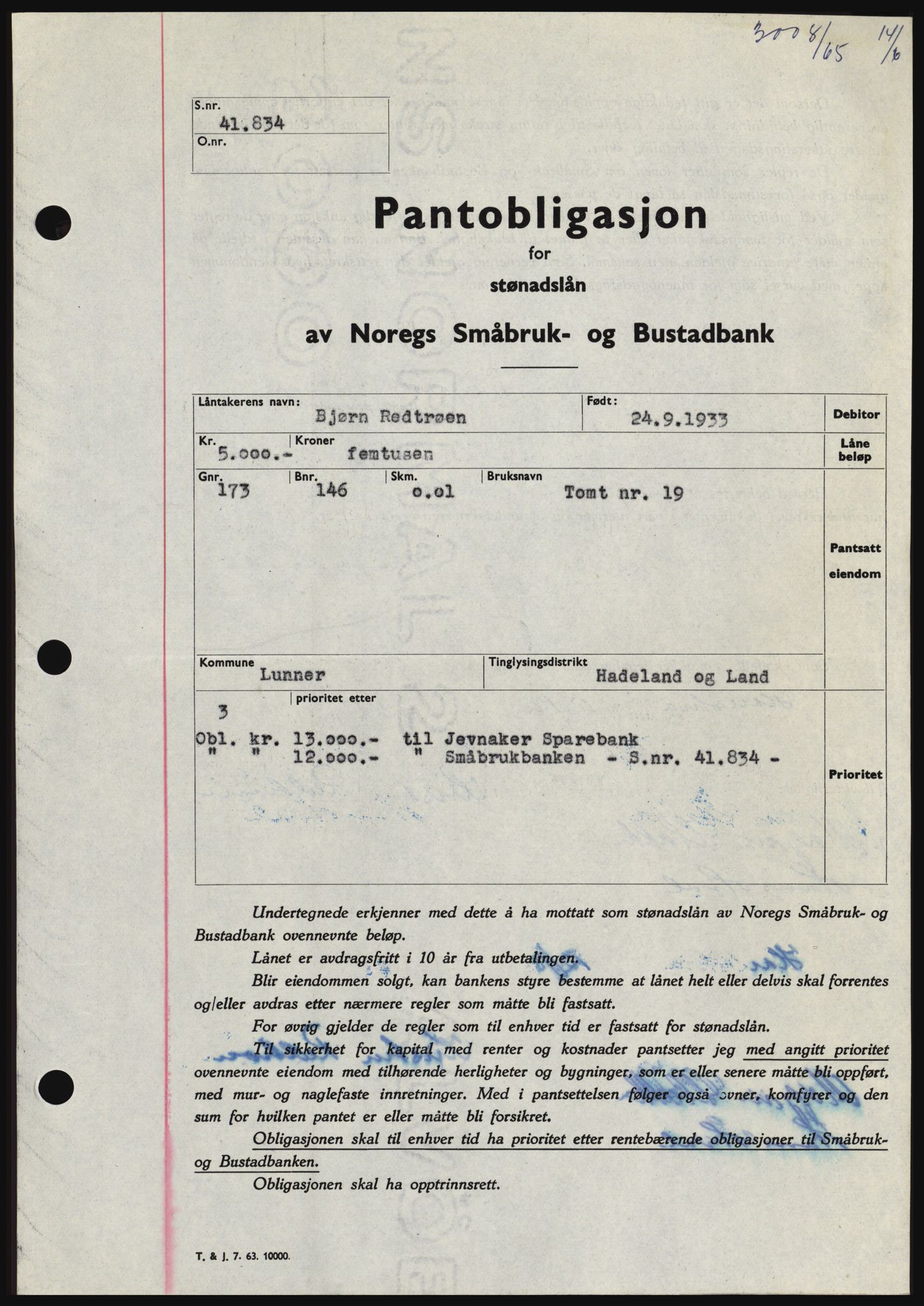 Hadeland og Land tingrett, SAH/TING-010/H/Hb/Hbc/L0059: Pantebok nr. B59, 1965-1965, Dagboknr: 3008/1965