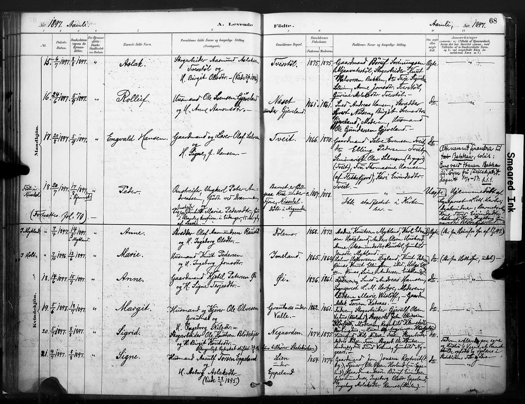 Åmli sokneprestkontor, AV/SAK-1111-0050/F/Fa/Fac/L0010: Ministerialbok nr. A 10 /1, 1885-1899, s. 68