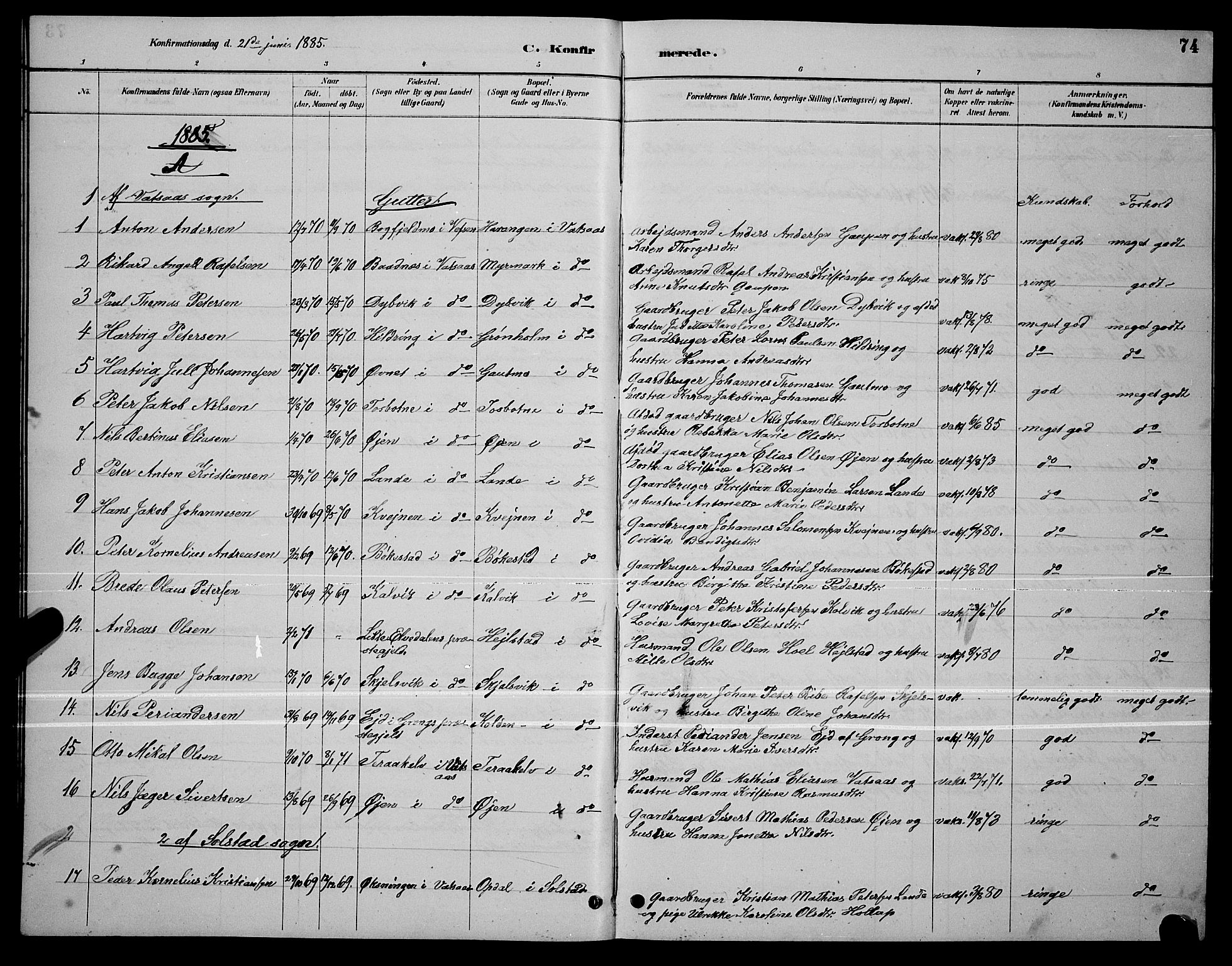 Ministerialprotokoller, klokkerbøker og fødselsregistre - Nordland, AV/SAT-A-1459/810/L0160: Klokkerbok nr. 810C03, 1884-1896, s. 74