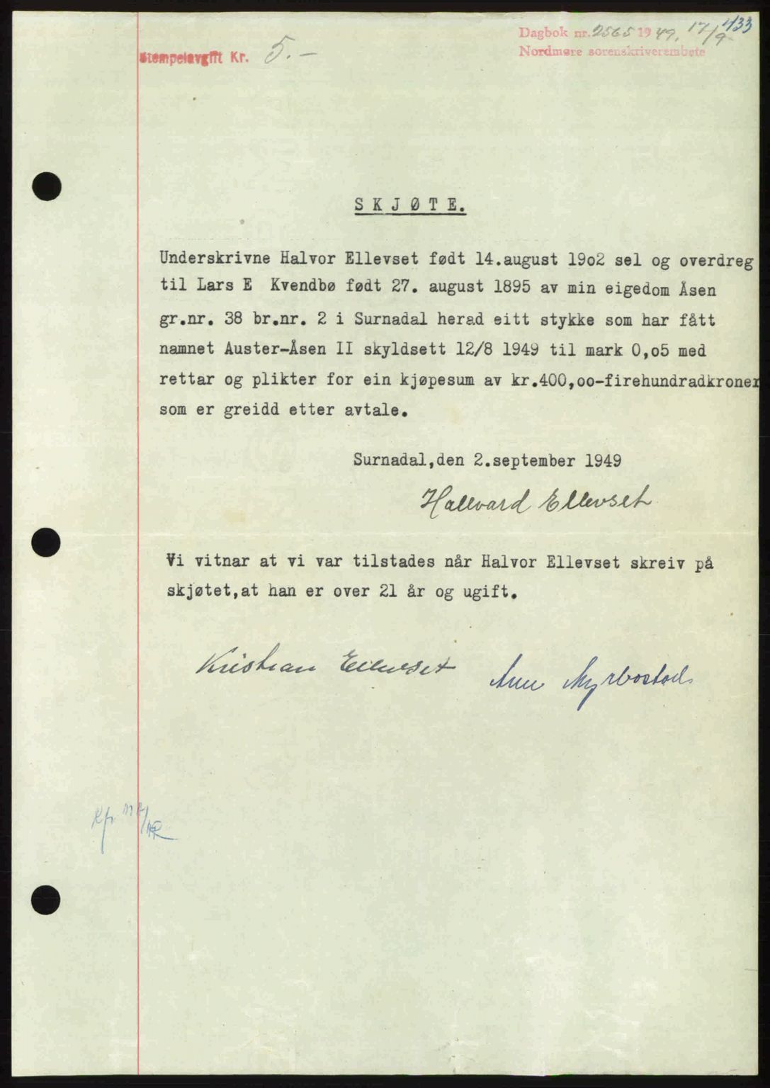 Nordmøre sorenskriveri, SAT/A-4132/1/2/2Ca: Pantebok nr. A112, 1949-1949, Dagboknr: 2565/1949