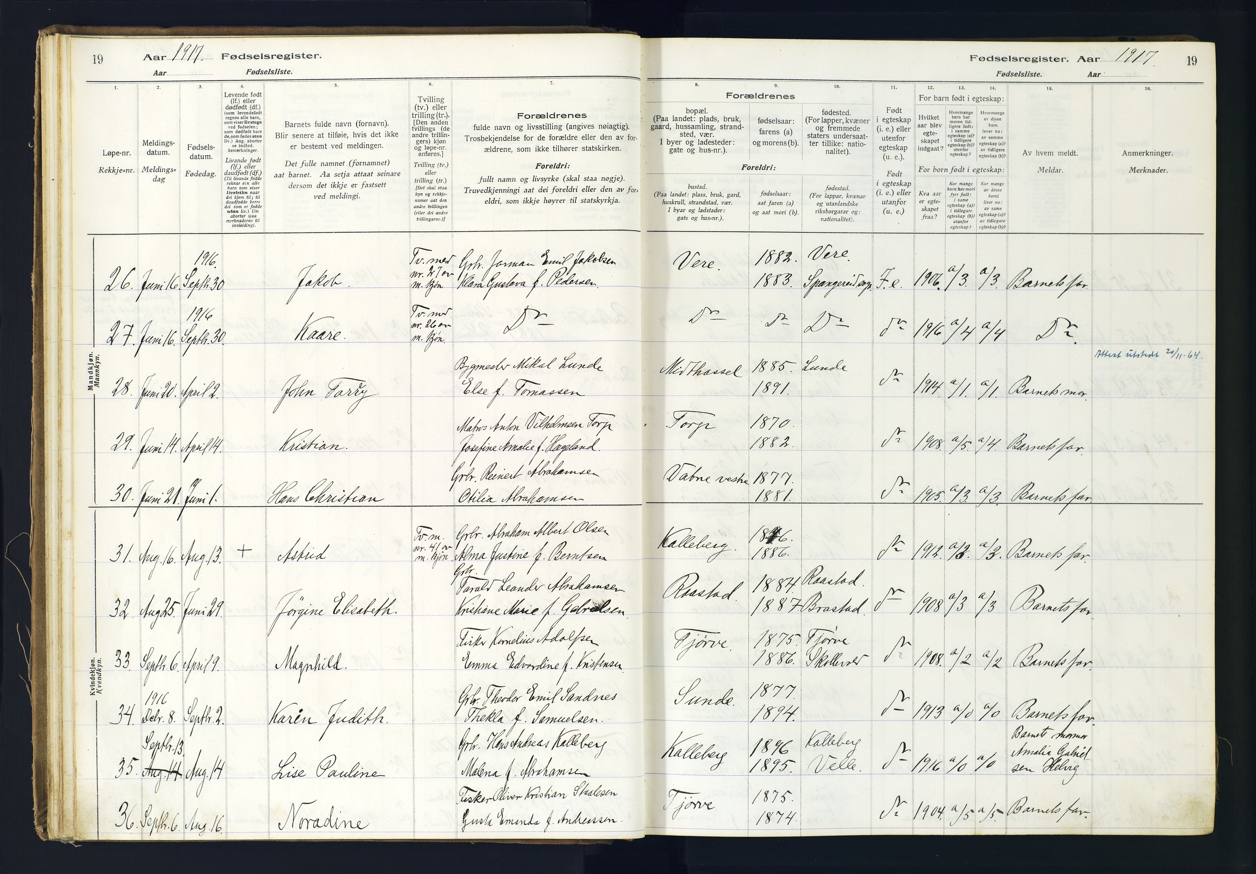 Lista sokneprestkontor, SAK/1111-0027/J/Ja/L0001: Fødselsregister nr. A-VI-30, 1916-1934, s. 19