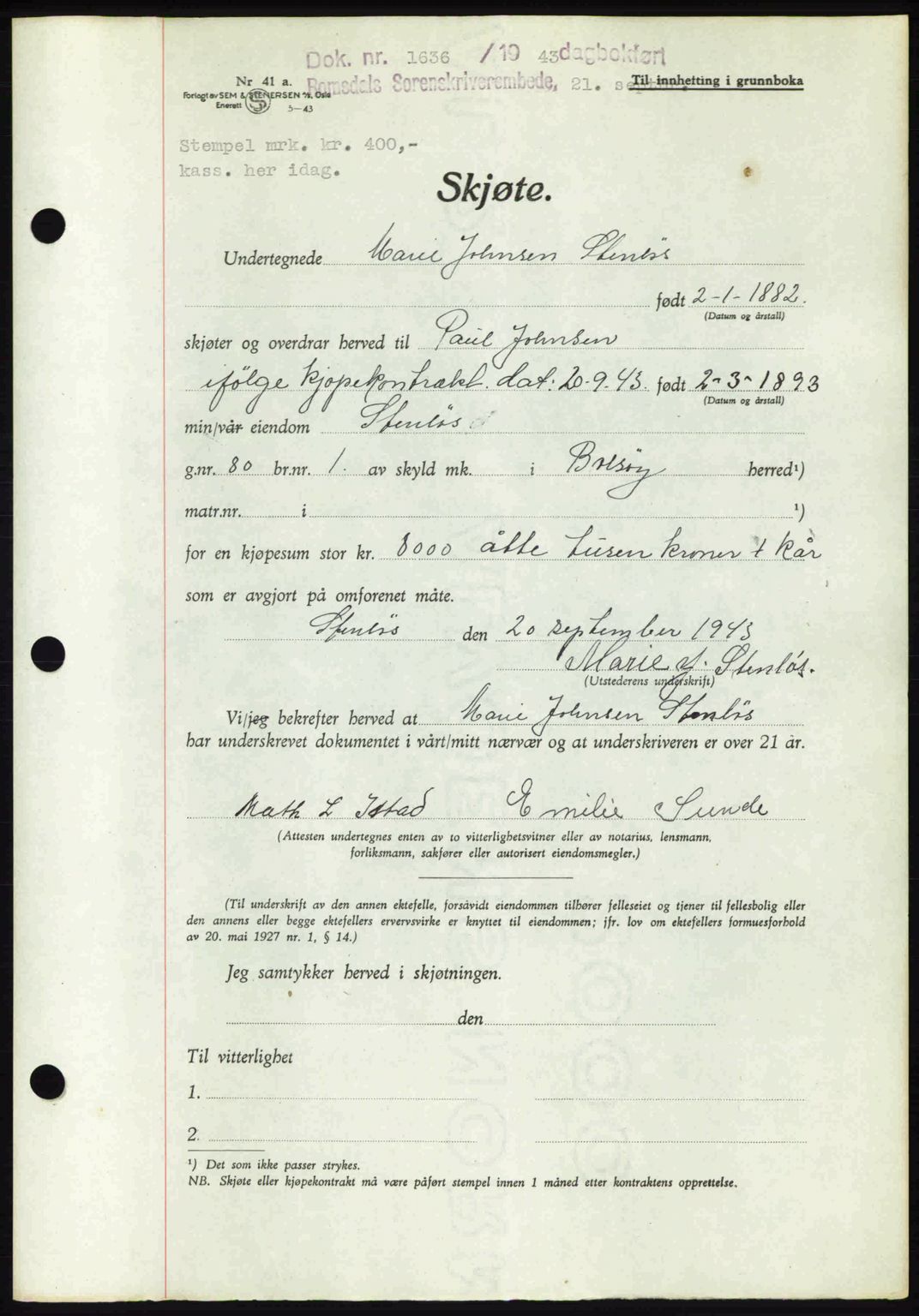 Romsdal sorenskriveri, AV/SAT-A-4149/1/2/2C: Pantebok nr. A14, 1943-1943, Dagboknr: 1636/1943