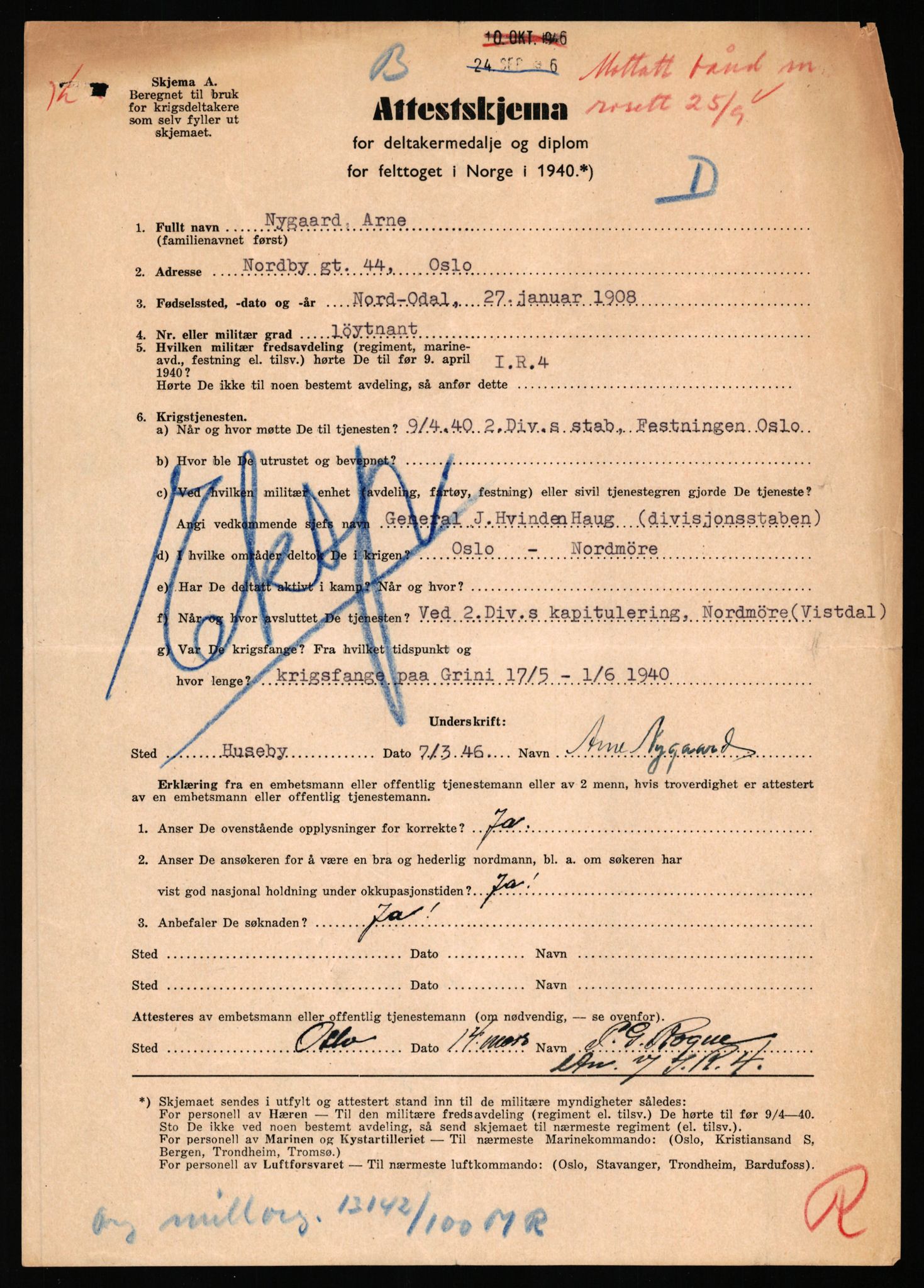 Forsvaret, Jegerkorpset - Akershus infantriregiment nr. 4, AV/RA-RAFA-2947/D/Dd/L0056: DELTAKERMEDALJEN 2. VERDENSKRIG BOKS 4 N-Ø, 1945-1950, s. 18